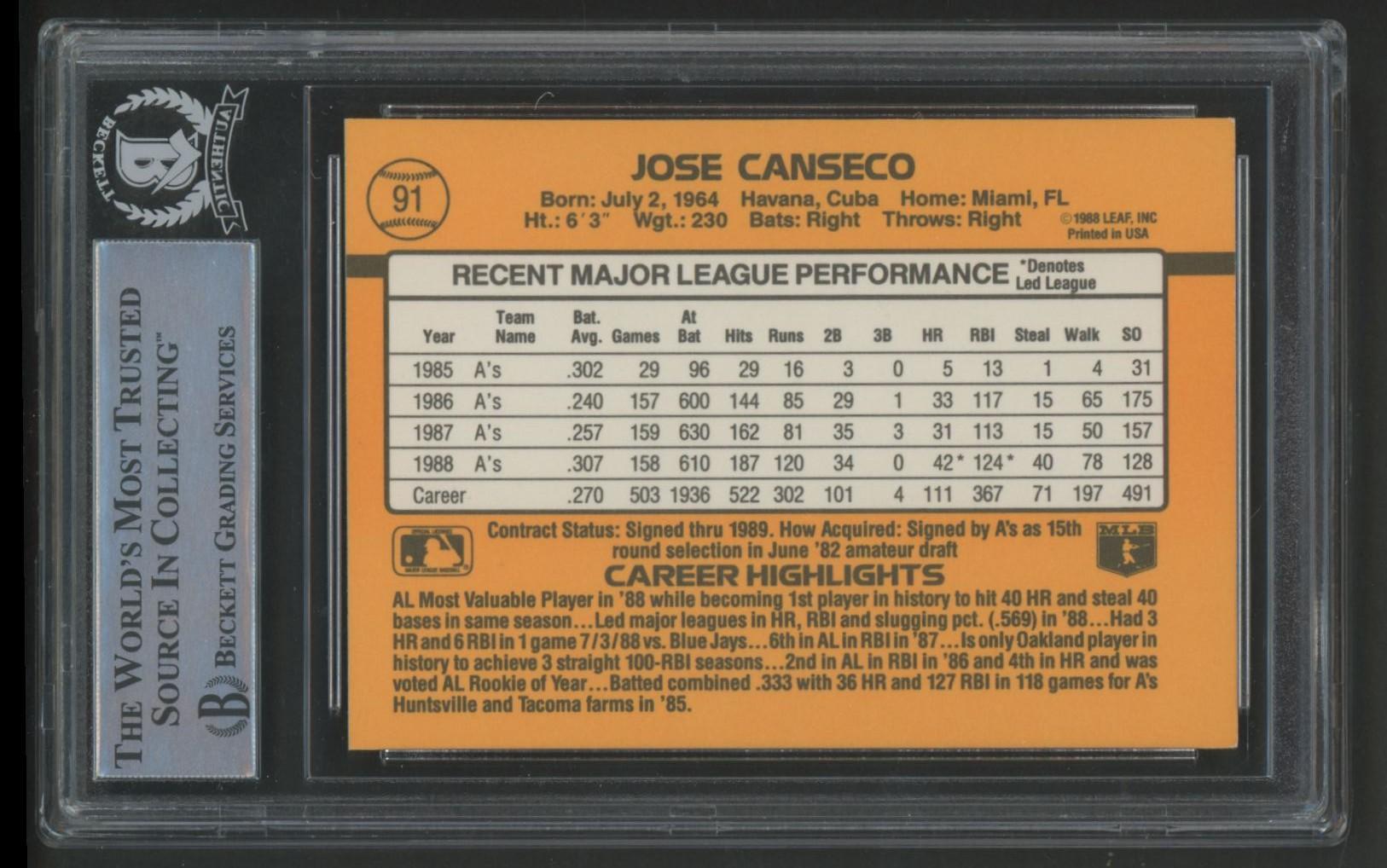 Jose Canseco Signed 1989 Donruss #91 (BGS) at PristineAuction.com Jose Canseco Signed 1989 Donruss #91 (BGS) at PristineAuction.com