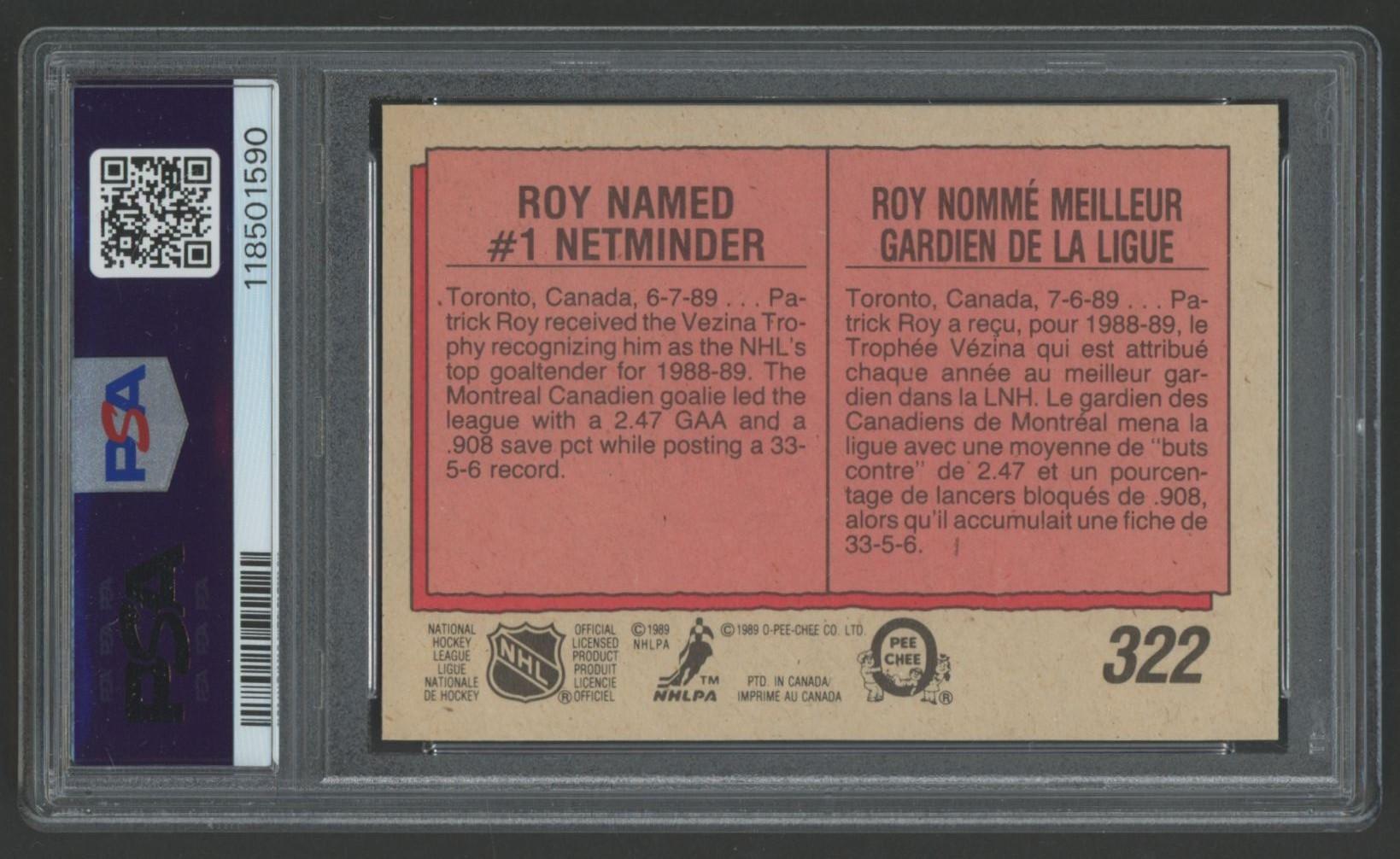 Patrick Roy Signed 1989 O-Pee-Chee Vezina Trophy #322 (PSA | Auto 10) at PristineAuction.com Patrick Roy Signed 1989 O-Pee-Chee Vezina Trophy #322 (PSA | Auto 10) at PristineAuction.com