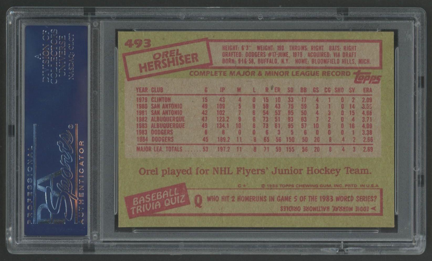 Orel Hershiser Signed 1985 Topps #493 RC (PSA) at PristineAuction.com Orel Hershiser Signed 1985 Topps #493 RC (PSA) at PristineAuction.com