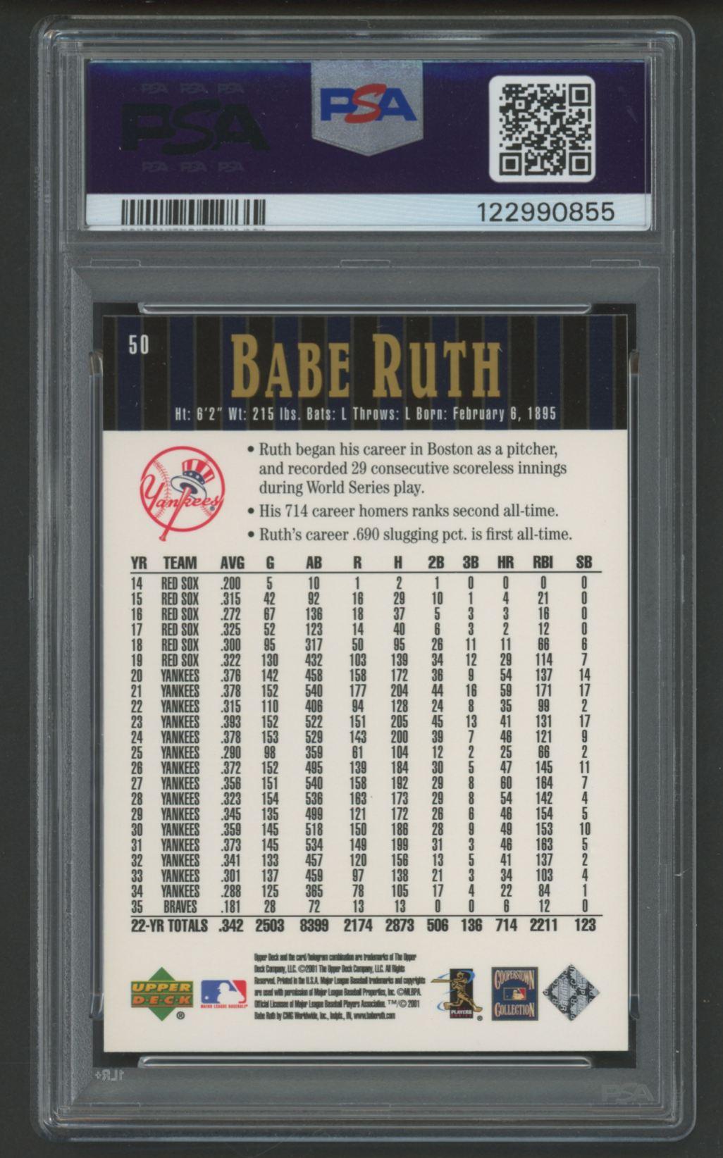 Babe Ruth 2001 Upper Deck Hall of Famers #50 (PSA 10) at PristineAuction.com Babe Ruth 2001 Upper Deck Hall of Famers #50 (PSA 10) at PristineAuction.com