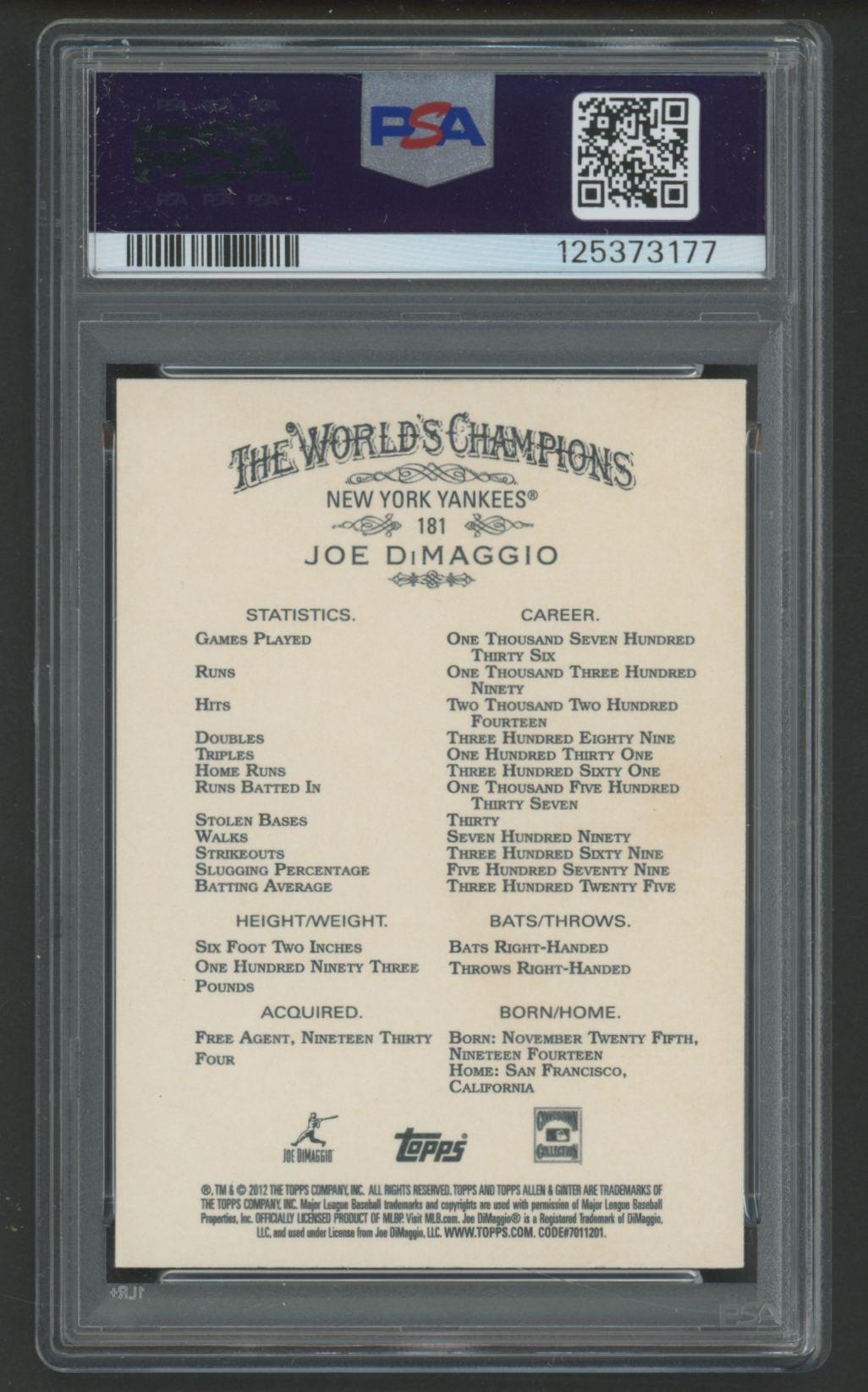 Joe DiMaggio 2012 Topps Allen & Ginter #181 (PSA 10) at PristineAuction.com Joe DiMaggio 2012 Topps Allen & Ginter #181 (PSA 10) at PristineAuction.com