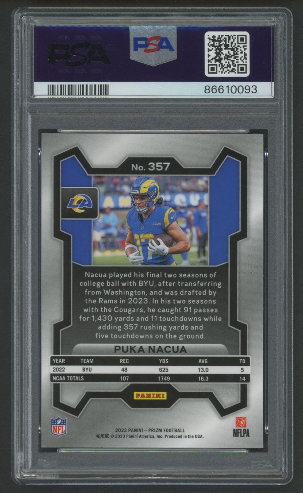 Puka Nacua 2023 Panini Prizm #357 RC (PSA 10) at PristineAuction.com Puka Nacua 2023 Panini Prizm #357 RC (PSA 10) at PristineAuction.com