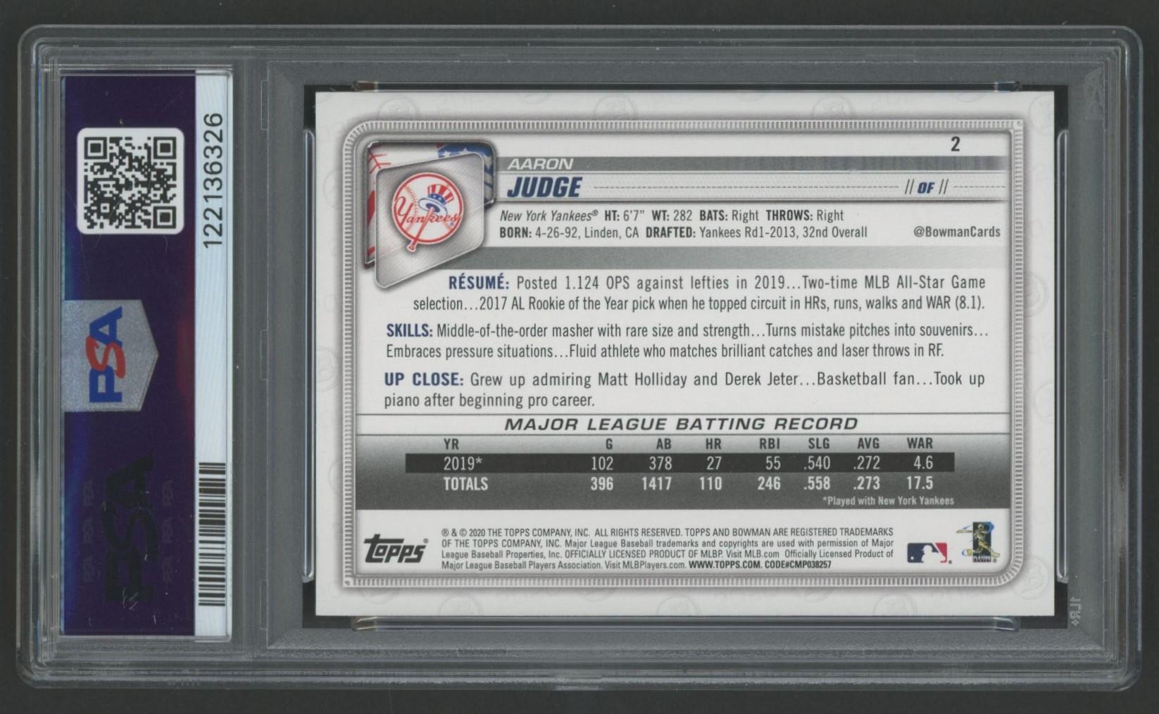 Aaron Judge 2020 Bowman #2 (PSA 10) at PristineAuction.com Aaron Judge 2020 Bowman #2 (PSA 10) at PristineAuction.com