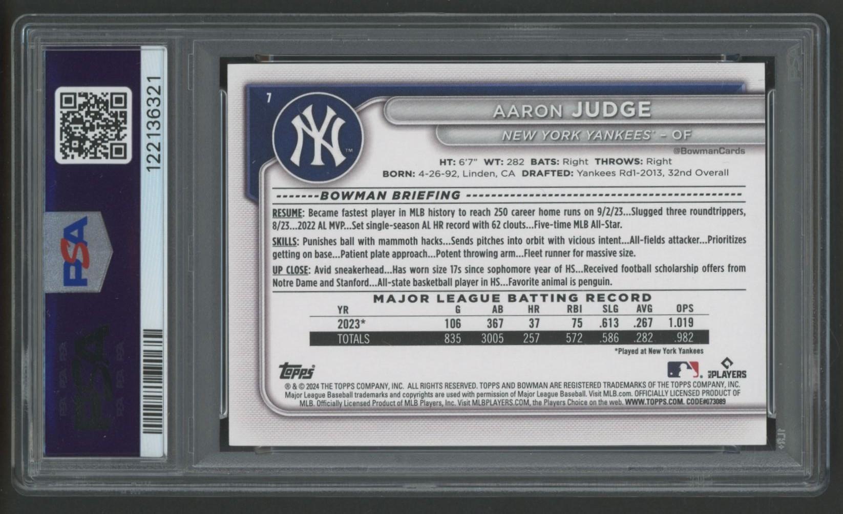 Aaron Judge 2024 Bowman #7 (PSA 10) at PristineAuction.com Aaron Judge 2024 Bowman #7 (PSA 10) at PristineAuction.com