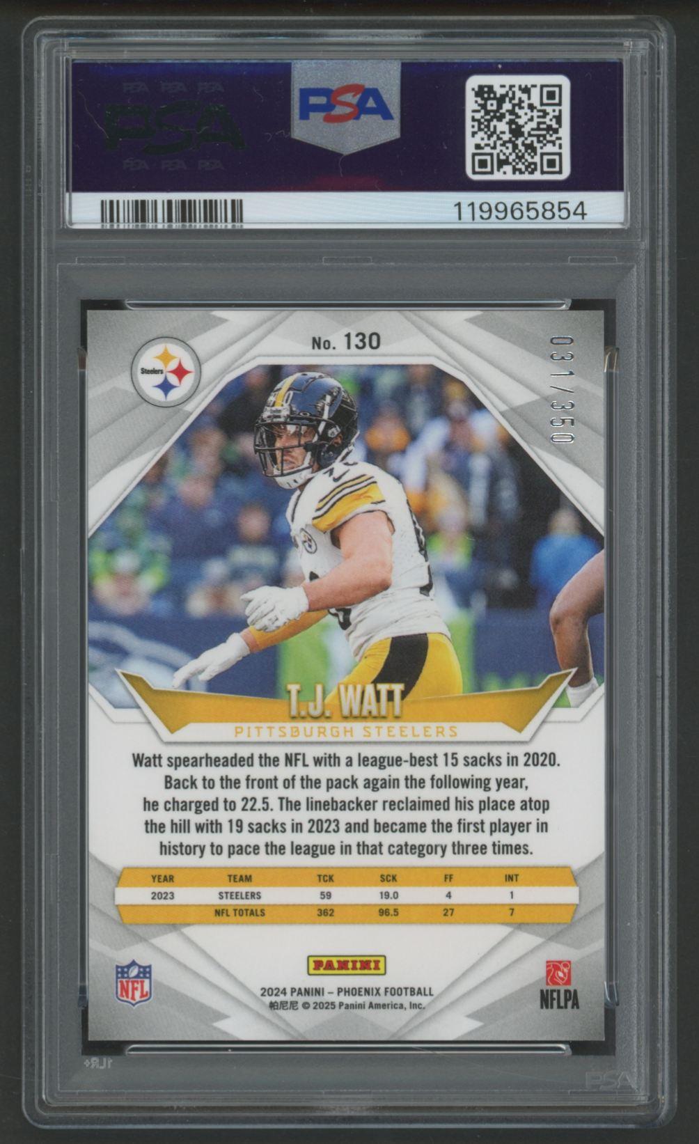 TJ Watt 2024 Phoenix Fireburt #130 #31/350 (PSA 10) at PristineAuction.com TJ Watt 2024 Phoenix Fireburt #130 #31/350 (PSA 10) at PristineAuction.com