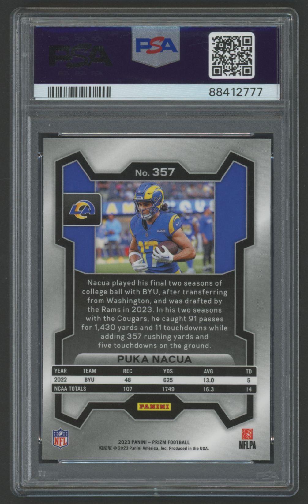 Puka Nacua 2023 Panini Prizm #357 RC (PSA 10) at PristineAuction.com Puka Nacua 2023 Panini Prizm #357 RC (PSA 10) at PristineAuction.com