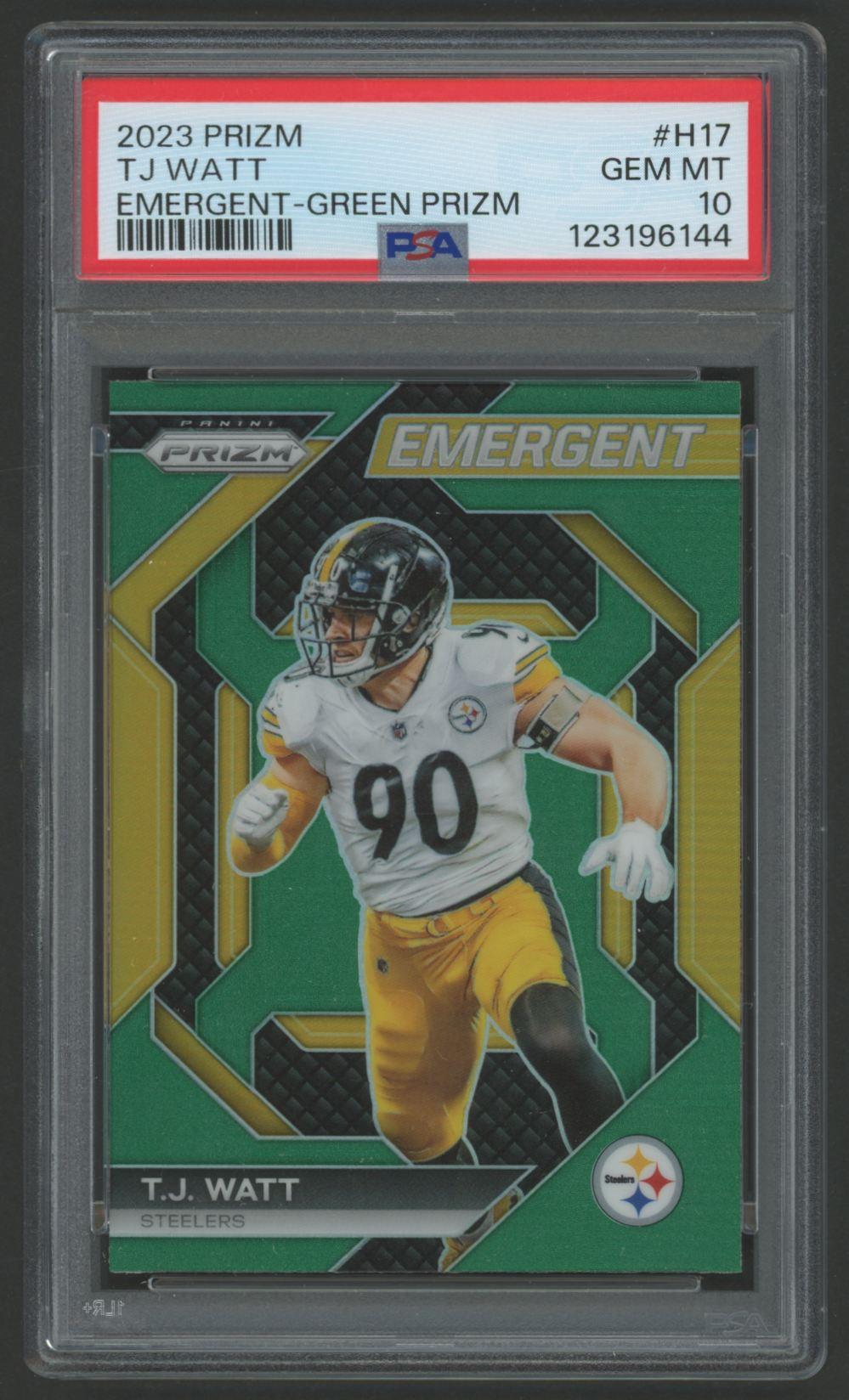 TJ Watt 2023 Panini Prizm Emergent Green #H17 (PSA 10) at PristineAuction.com TJ Watt 2023 Panini Prizm Emergent Green #H17 (PSA 10) at PristineAuction.com