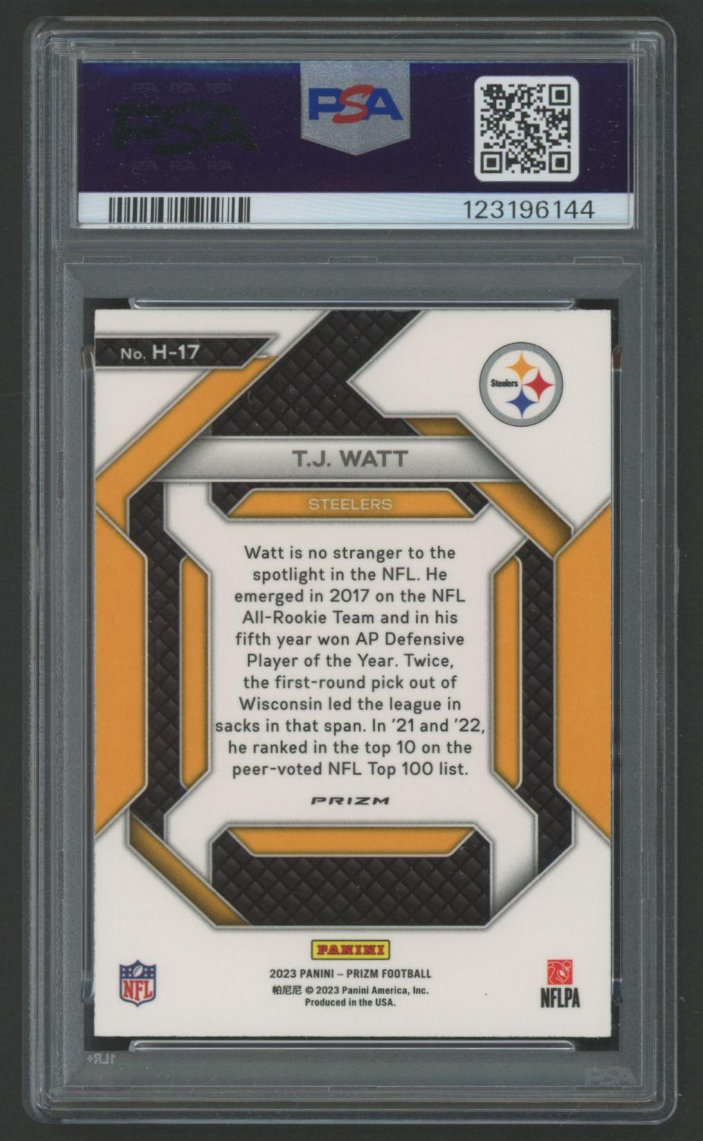 TJ Watt 2023 Panini Prizm Emergent Green #H17 (PSA 10) at PristineAuction.com TJ Watt 2023 Panini Prizm Emergent Green #H17 (PSA 10) at PristineAuction.com