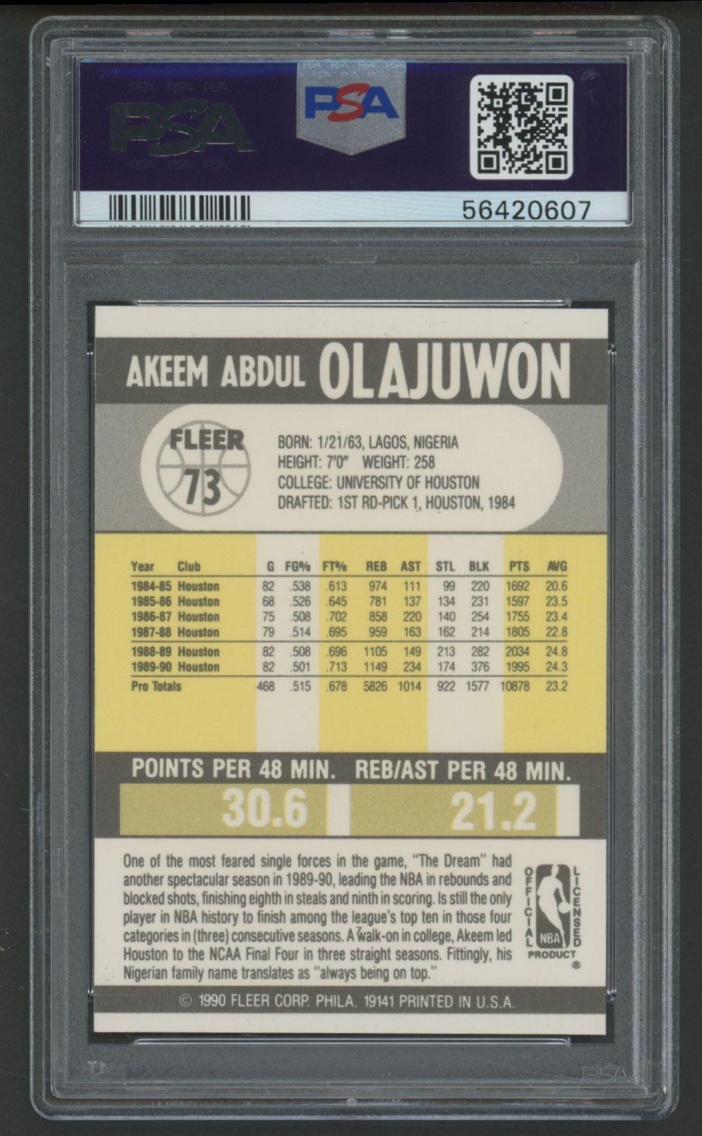 Hakeem Olajuwon 1990 Fleer #73 (PSA 10) at PristineAuction.com Hakeem Olajuwon 1990 Fleer #73 (PSA 10) at PristineAuction.com