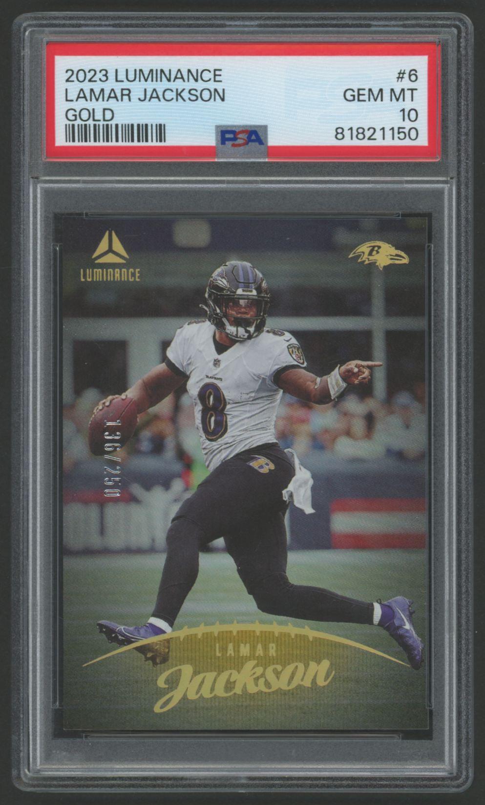 Lamar Jackson 2023 Luminance Gold #6 #136/250 (PSA 10) at PristineAuction.com Lamar Jackson 2023 Luminance Gold #6 #136/250 (PSA 10) at PristineAuction.com