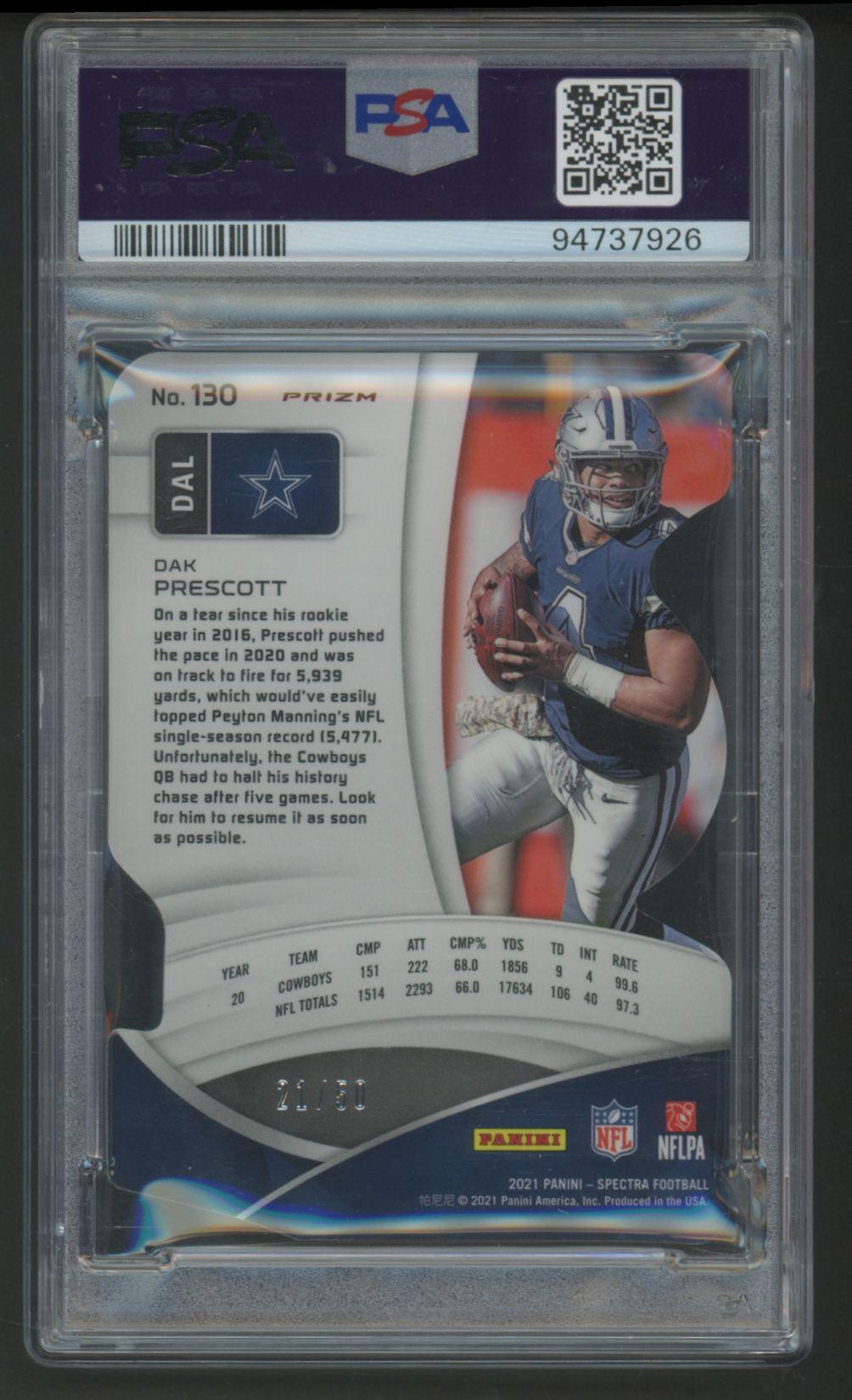 Dak Prescott 2021 Spectra Neon Blue Die-Cut #130 #21/50 (PSA 10) at PristineAuction.com Dak Prescott 2021 Spectra Neon Blue Die-Cut #130 #21/50 (PSA 10) at PristineAuction.com