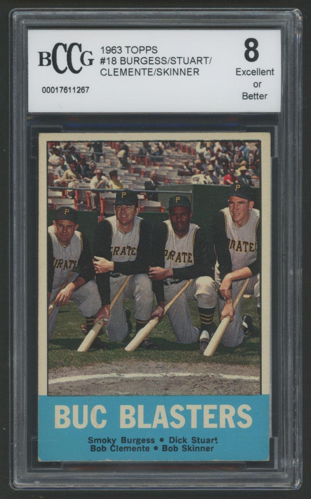 Smoky Burgess / Dick Stuart / Roberto Clemente / Bob Skinner 1963 Topps Buc Blasters #18 (BCCG 8) at PristineAuction.com Smoky Burgess / Dick Stuart / Roberto Clemente / Bob Skinner 1963 Topps Buc Blasters #18 (BCCG 8) at PristineAuction.com