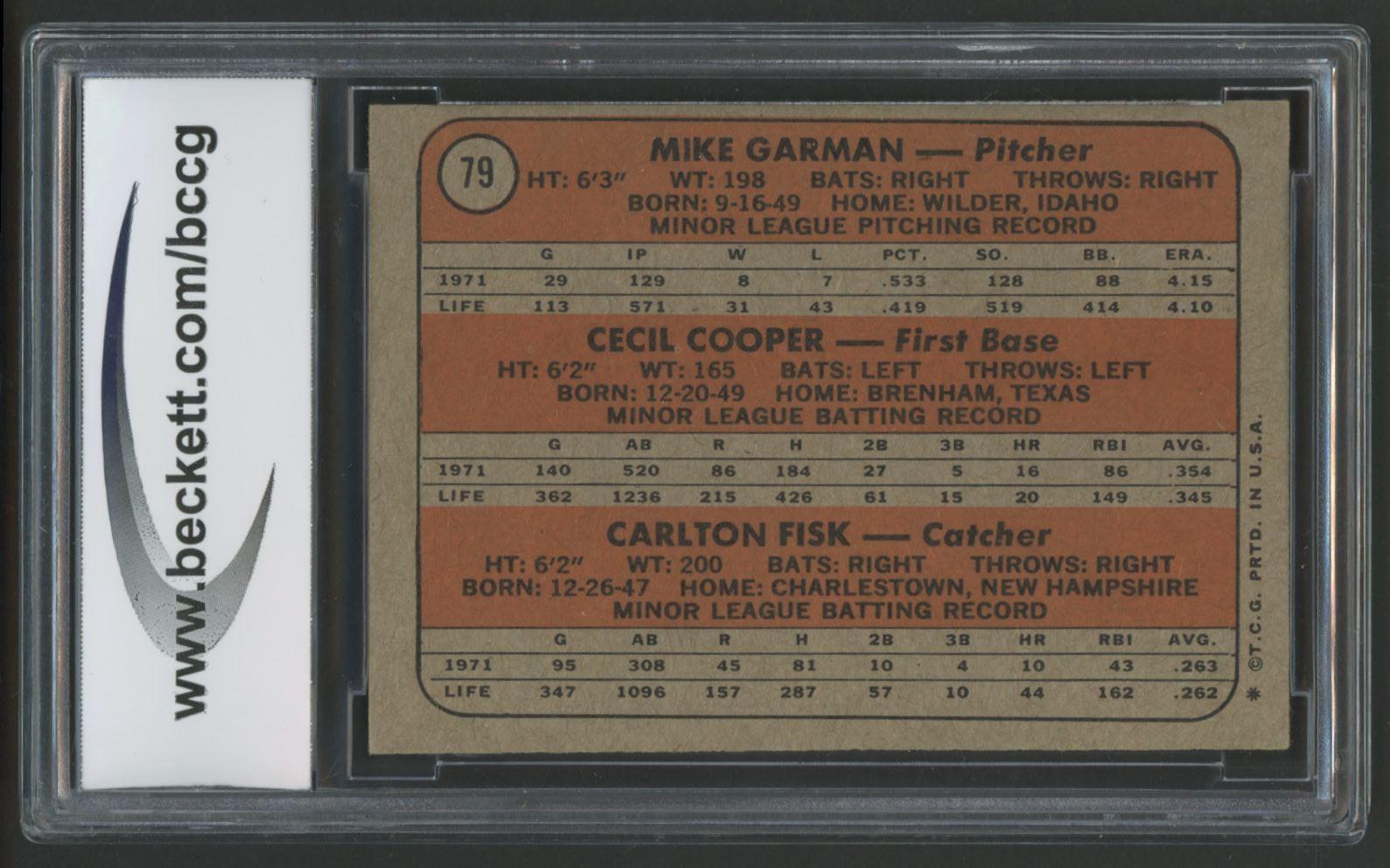 Mike Garman / Cecil Cooper RC / Carlton Fisk RC 1972 Topps Rookie Stars #79 (BCCG 8) at PristineAuction.com Mike Garman / Cecil Cooper RC / Carlton Fisk RC 1972 Topps Rookie Stars #79 (BCCG 8) at PristineAuction.com