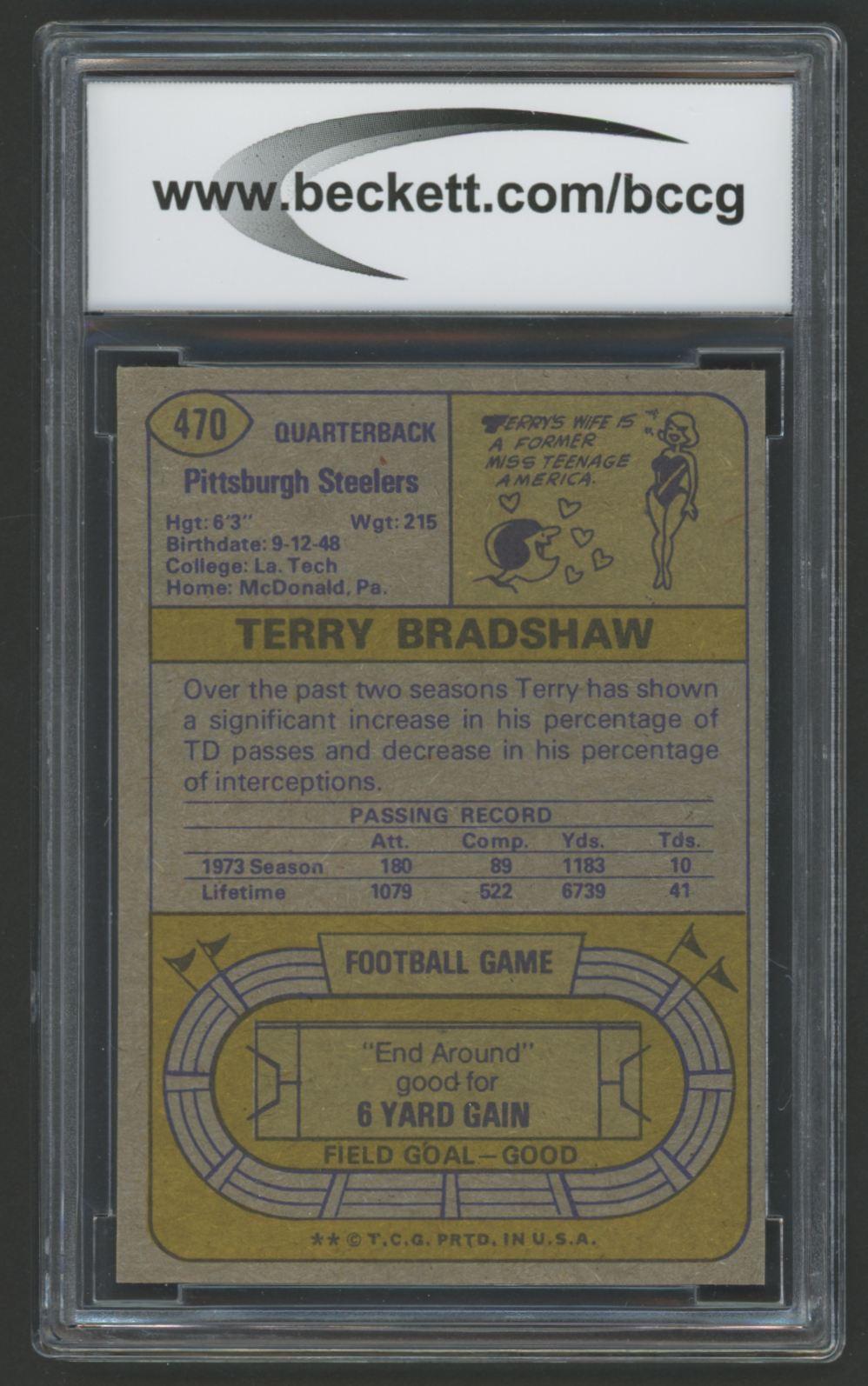 Terry Bradshaw 1974 Topps #470 (BCCG 8) at PristineAuction.com Terry Bradshaw 1974 Topps #470 (BCCG 8) at PristineAuction.com