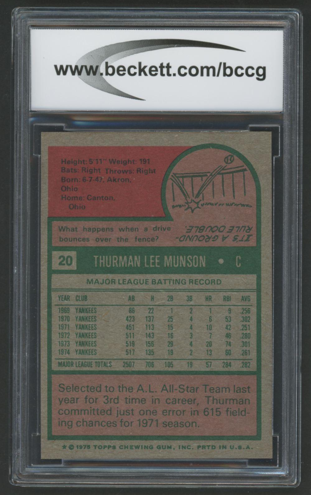 Thurman Munson 1975 Topps #20 (B)CCG 9 at PristineAuction.com Thurman Munson 1975 Topps #20 (B)CCG 9 at PristineAuction.com