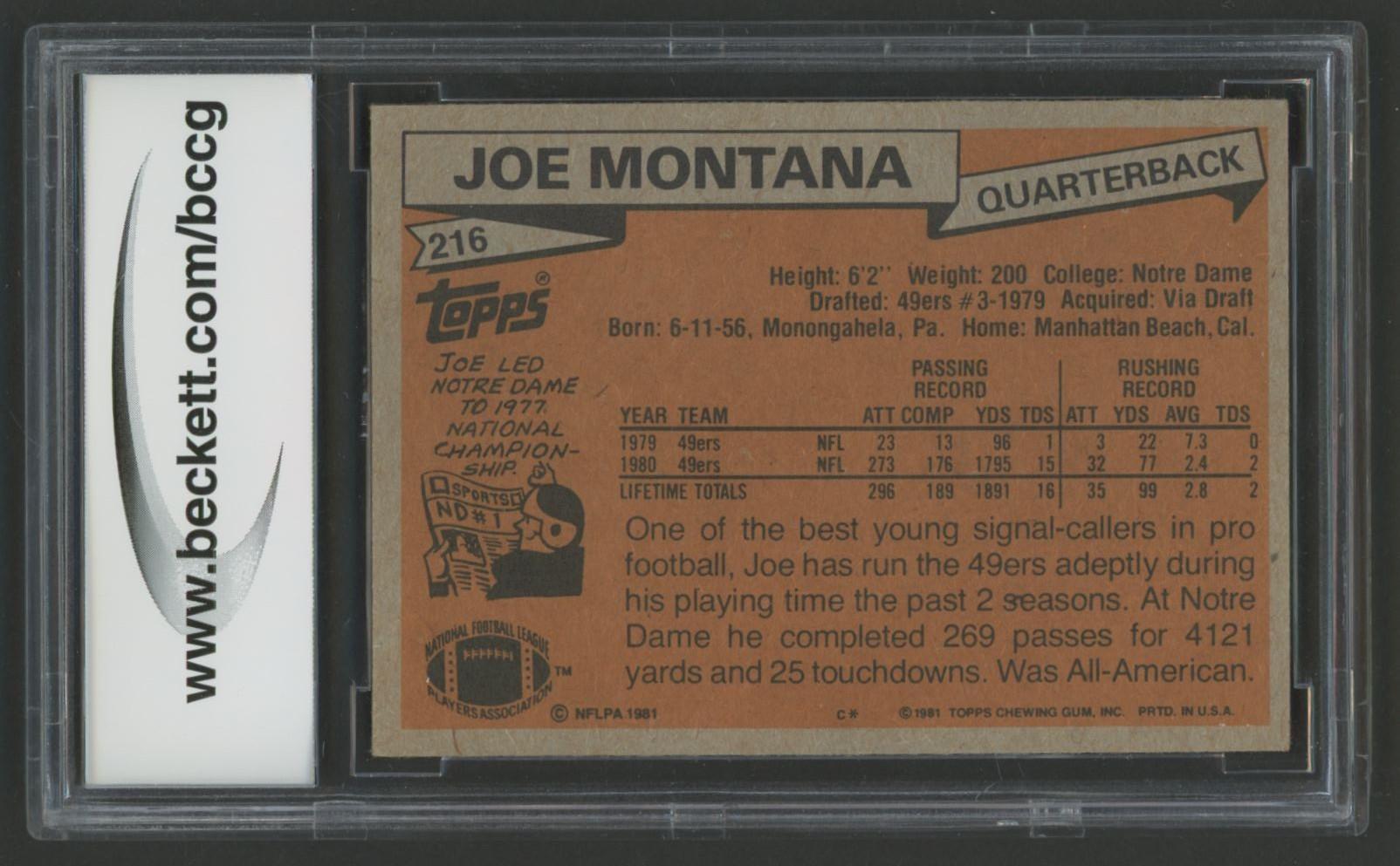Joe Montana 1981 Topps #216 RC (BCCG 8) at PristineAuction.com Joe Montana 1981 Topps #216 RC (BCCG 8) at PristineAuction.com