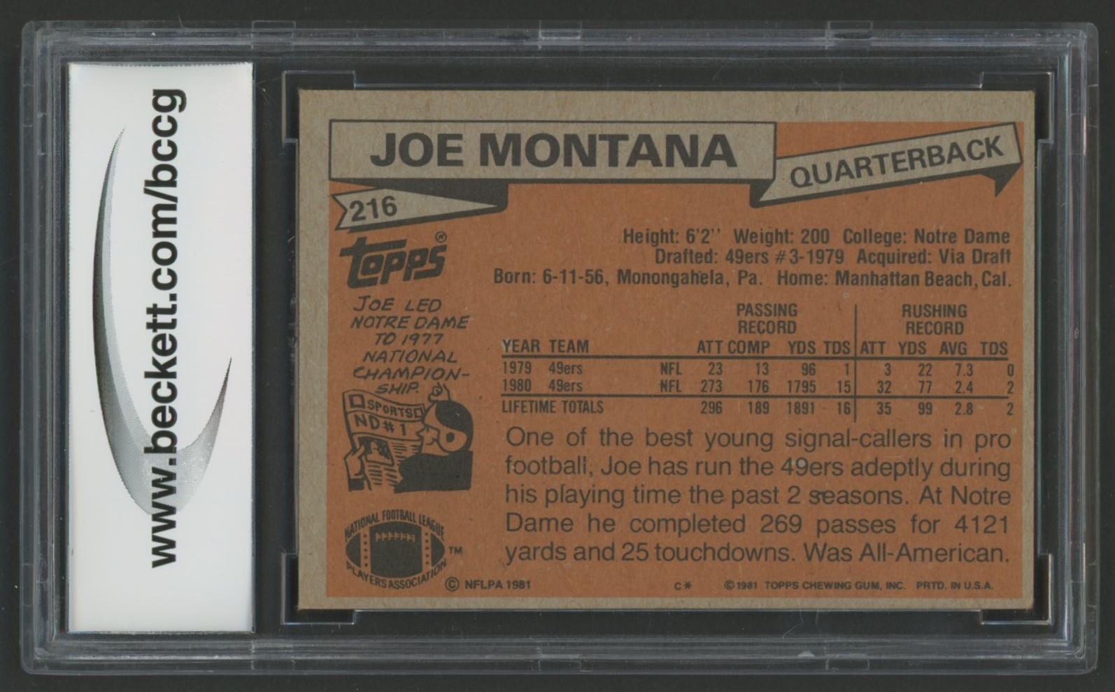 Joe Montana 1981 Topps #216 RC (BCCG 8) at PristineAuction.com Joe Montana 1981 Topps #216 RC (BCCG 8) at PristineAuction.com