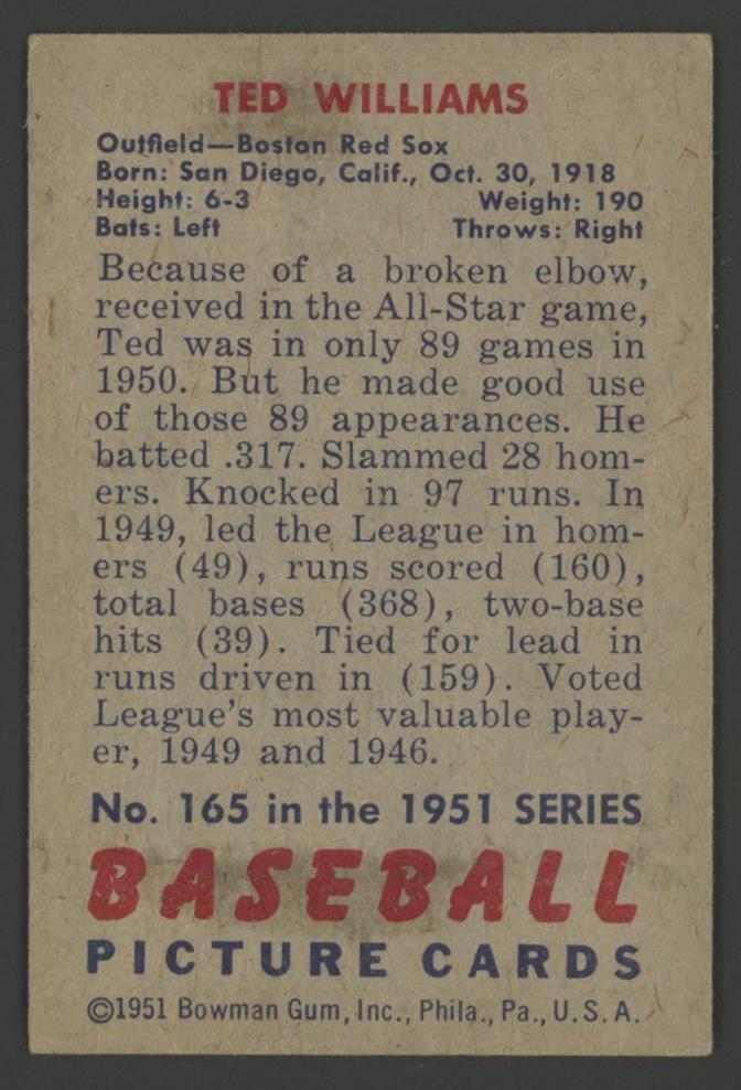Ted Williams 1951 Bowman #165 at PristineAuction.com Ted Williams 1951 Bowman #165 at PristineAuction.com