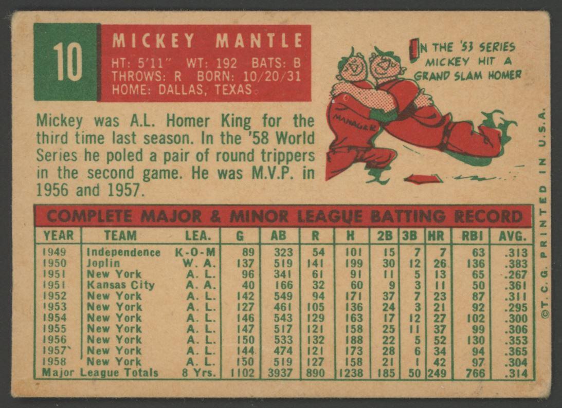 Mickey Mantle 1959 Topps #10 at PristineAuction.com Mickey Mantle 1959 Topps #10 at PristineAuction.com