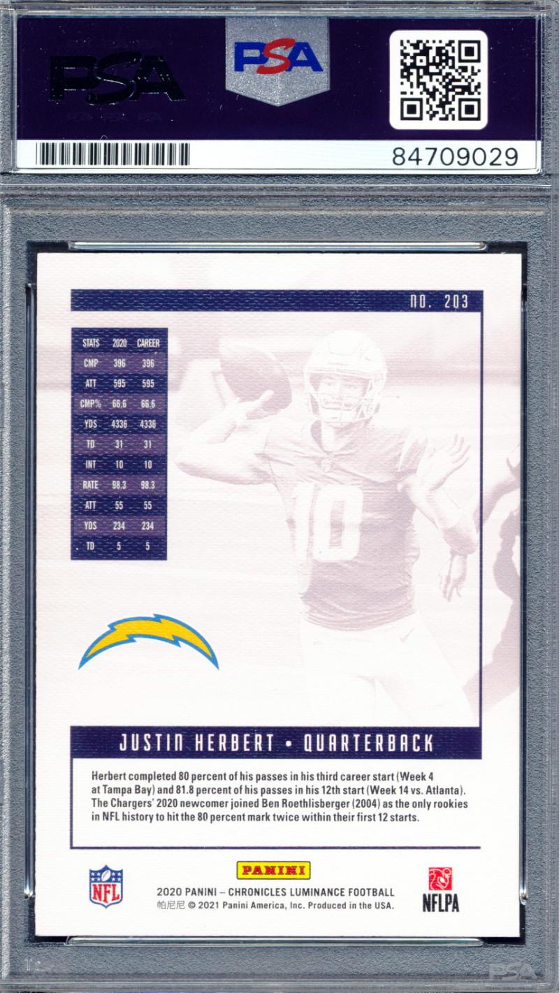 Justin Herbert Signed 2020 Panini Luminance Chronicles #203 RC Inscribed "2020 NFL OROY" (PSA) at PristineAuction.com Justin Herbert Signed 2020 Panini Luminance Chronicles #203 RC Inscribed "2020 NFL OROY" (PSA) at PristineAuction.com