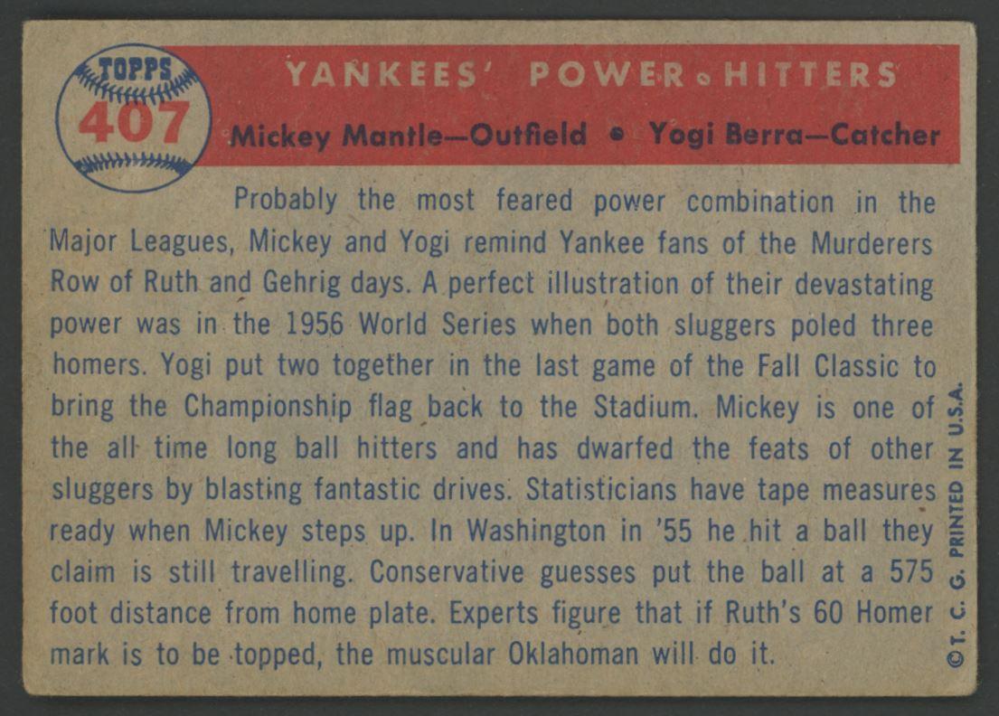 Mickey Mantle / Yogi Berra 1957 Topps #407 Yankees Power Hitters at PristineAuction.com Mickey Mantle / Yogi Berra 1957 Topps #407 Yankees Power Hitters at PristineAuction.com