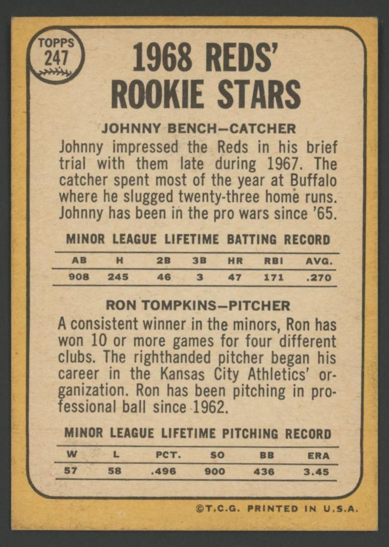 Johnny Bench 1968 Topps Rookies #247 RC at PristineAuction.com Johnny Bench 1968 Topps Rookies #247 RC at PristineAuction.com
