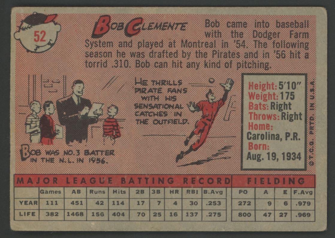 Roberto Clemente 1958 Topps #52A at PristineAuction.com Roberto Clemente 1958 Topps #52A at PristineAuction.com