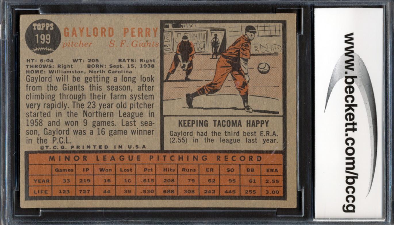 Gaylord Perry 1962 Topps #199 RC (BCCG 8) at PristineAuction.com Gaylord Perry 1962 Topps #199 RC (BCCG 8) at PristineAuction.com