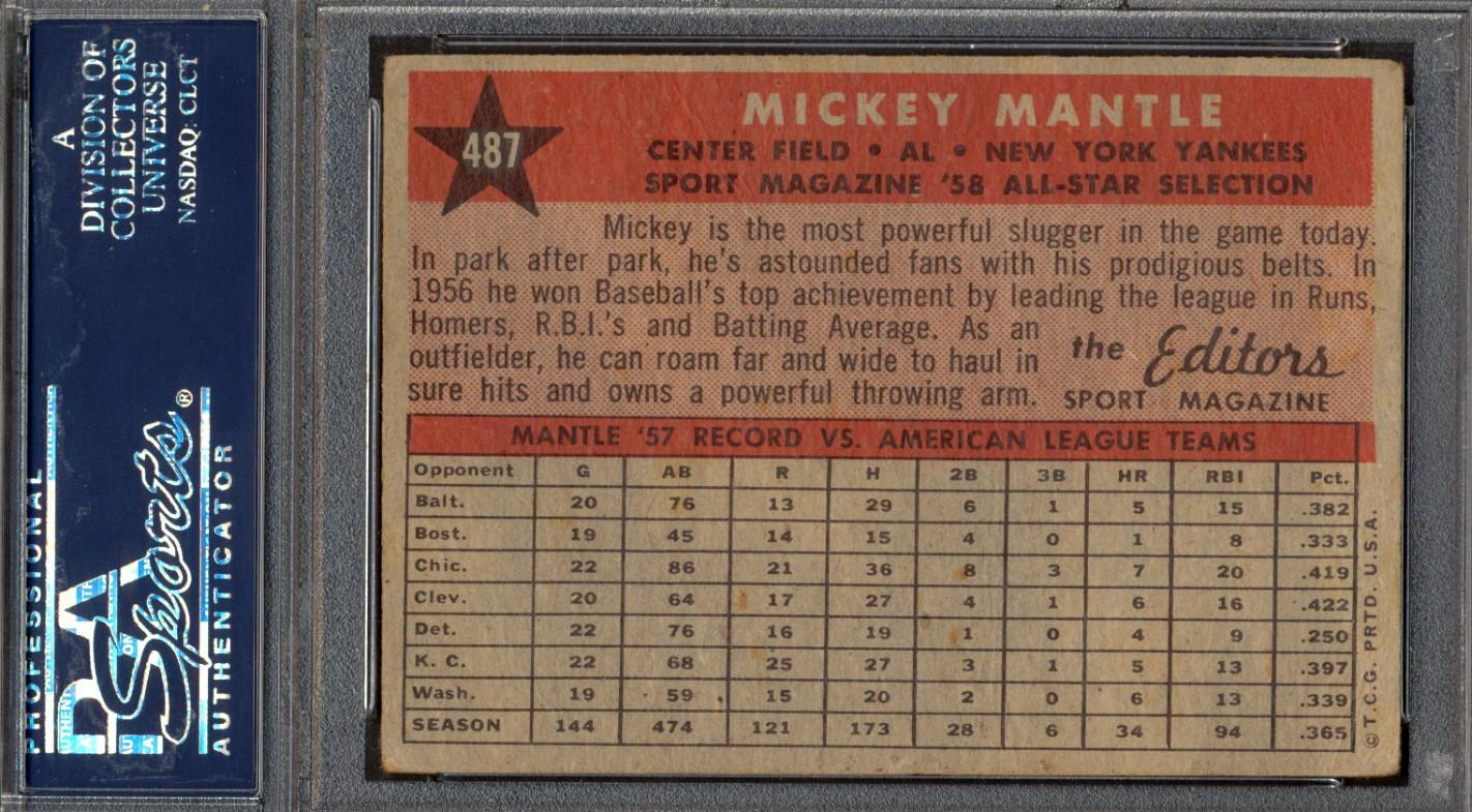 Mickey Mantle Signed 1958 Topps AS TP #487 (PSA) at PristineAuction.com Mickey Mantle Signed 1958 Topps AS TP #487 (PSA) at PristineAuction.com