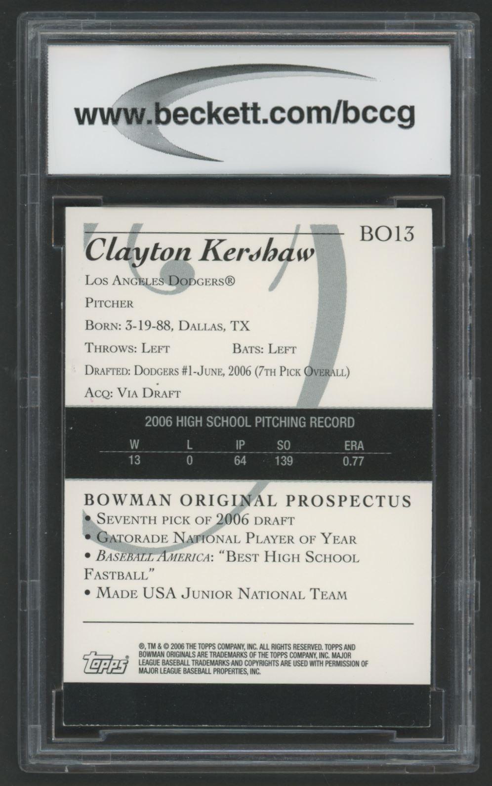 Clayton Kershaw 2006 Bowman Originals Prospects #13 RC (BCCG 9) at PristineAuction.com Clayton Kershaw 2006 Bowman Originals Prospects #13 RC (BCCG 9) at PristineAuction.com