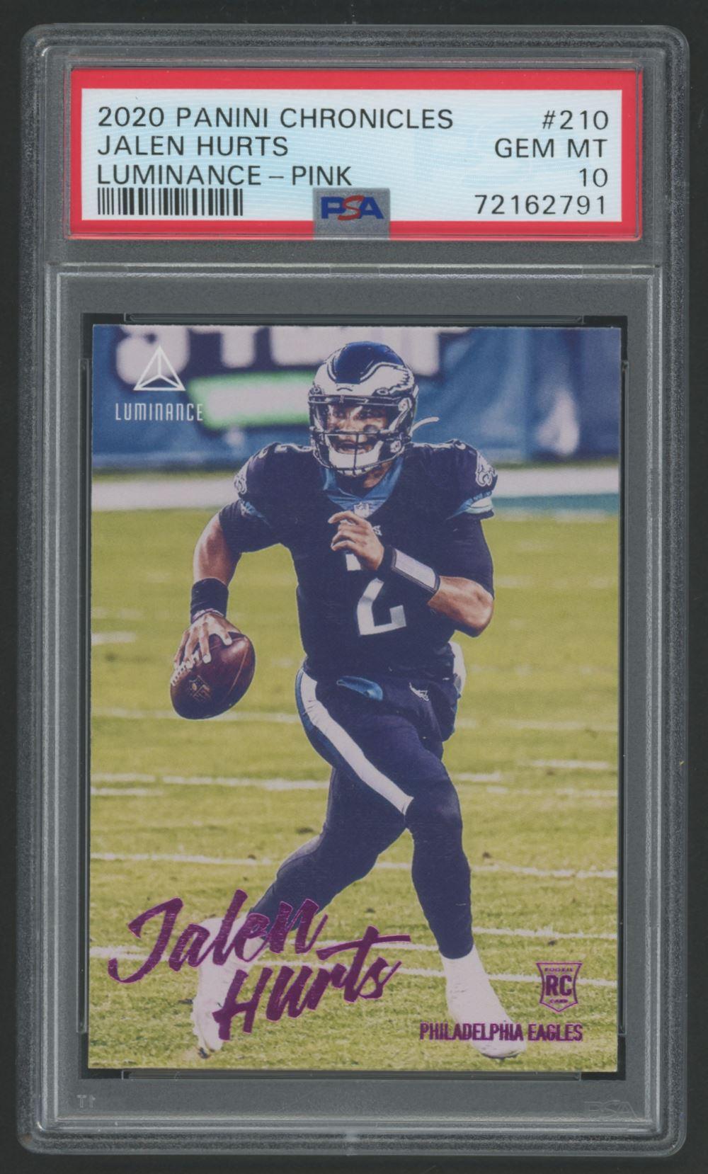 Jalen Hurts 2020 Panini Luminance Pink #210 RC / Chronicles (PSA 10) at PristineAuction.com Jalen Hurts 2020 Panini Luminance Pink #210 RC / Chronicles (PSA 10) at PristineAuction.com