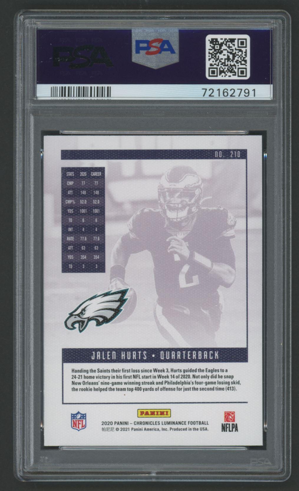 Jalen Hurts 2020 Panini Luminance Pink #210 RC / Chronicles (PSA 10) at PristineAuction.com Jalen Hurts 2020 Panini Luminance Pink #210 RC / Chronicles (PSA 10) at PristineAuction.com