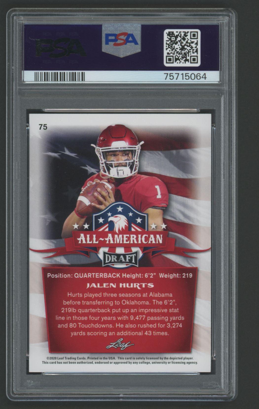 Jalen Hurts 2020 Leaf Draft #75 AA RC (PSA 10) at PristineAuction.com Jalen Hurts 2020 Leaf Draft #75 AA RC (PSA 10) at PristineAuction.com