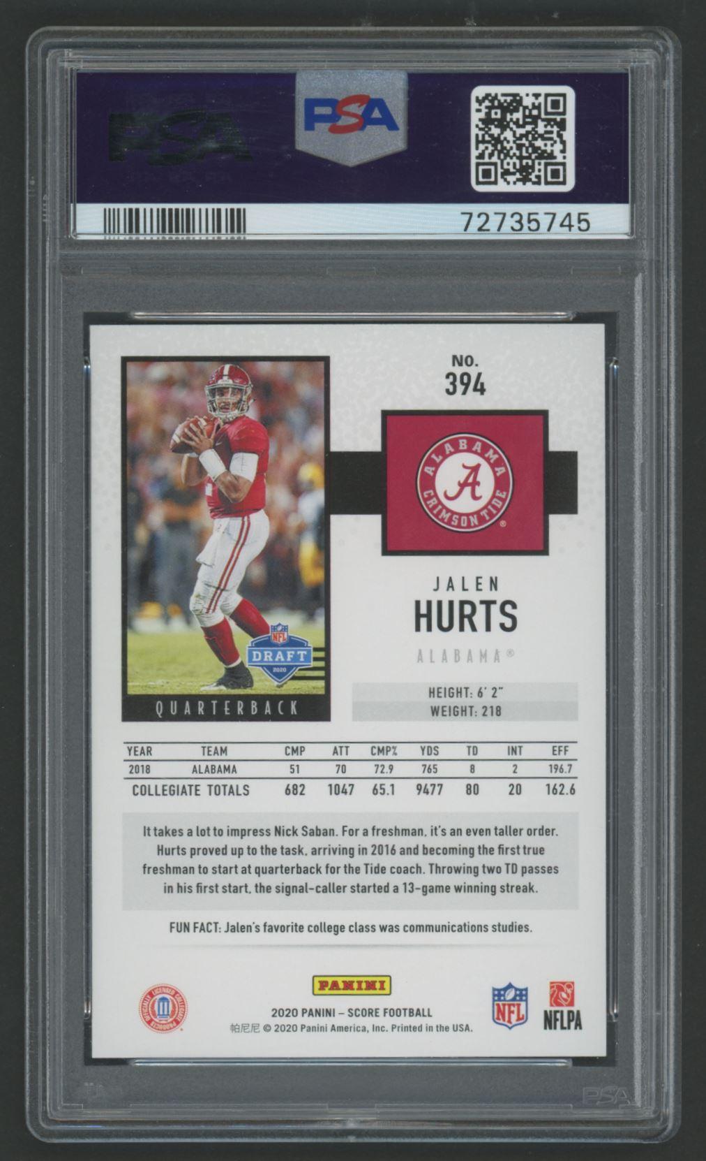 Jalen Hurts 2020 Panini Score #394 RC (PSA 10) at PristineAuction.com Jalen Hurts 2020 Panini Score #394 RC (PSA 10) at PristineAuction.com