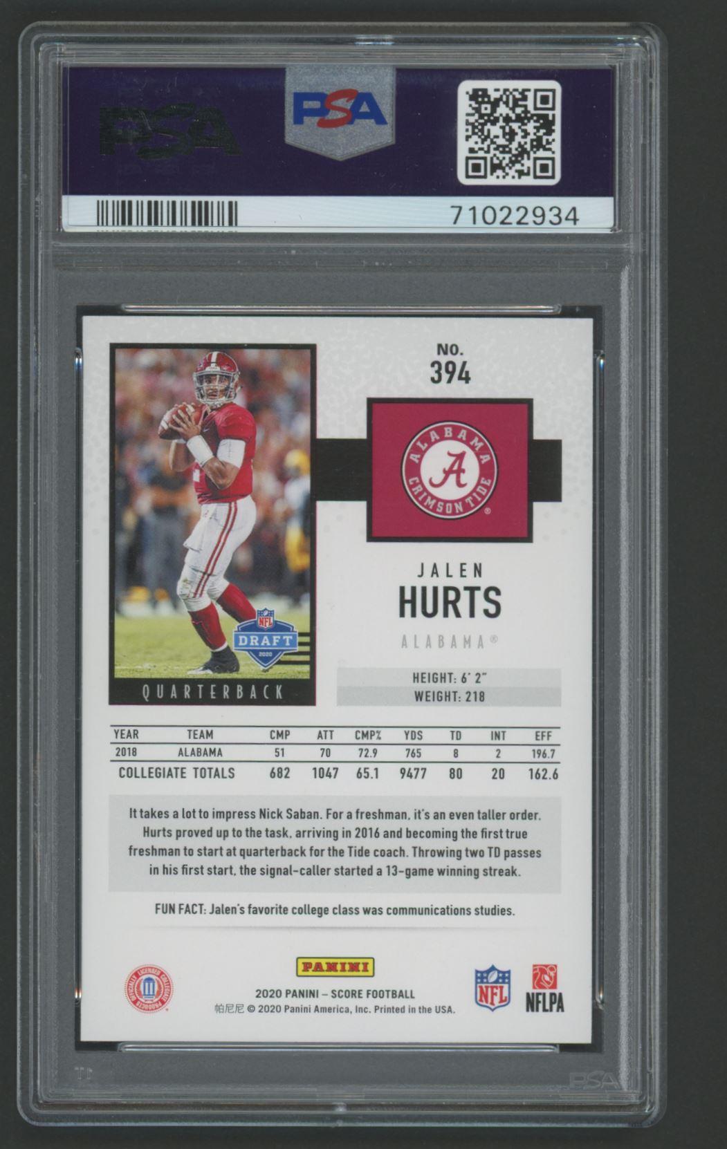 Jalen Hurts 2020 Panini Score #394 RC (PSA 10) at PristineAuction.com Jalen Hurts 2020 Panini Score #394 RC (PSA 10) at PristineAuction.com