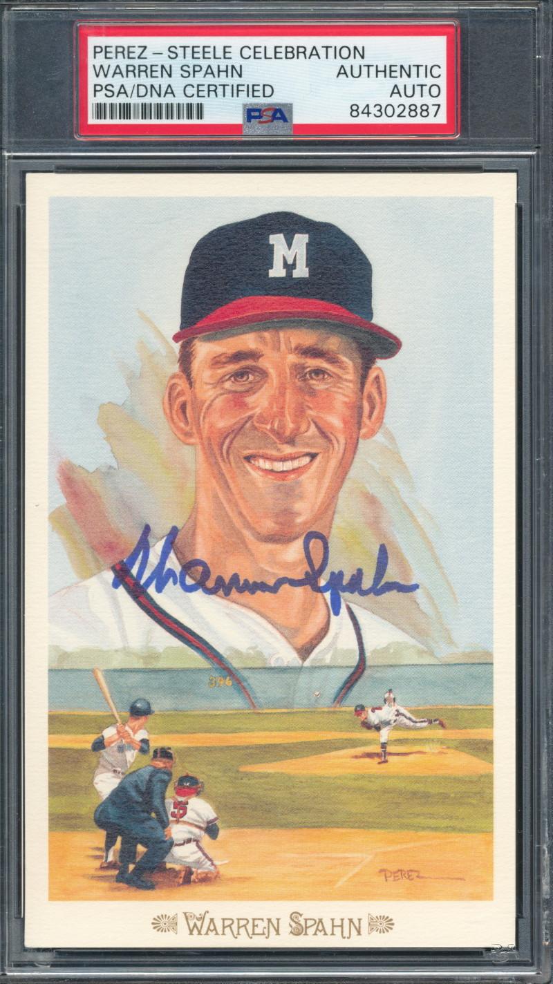 Warren Spahn Signed LE 1989 Perez-Steele Hall of Fame Postcard #39 (PSA) at PristineAuction.com Warren Spahn Signed LE 1989 Perez-Steele Hall of Fame Postcard #39 (PSA) at PristineAuction.com