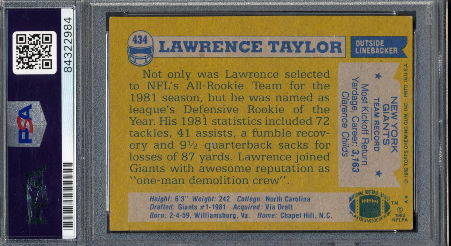 Lawrence Taylor Signed 1982 Topps #434 RC Inscribed "HOF 99" (PSA) at PristineAuction.com Lawrence Taylor Signed 1982 Topps #434 RC Inscribed "HOF 99" (PSA) at PristineAuction.com