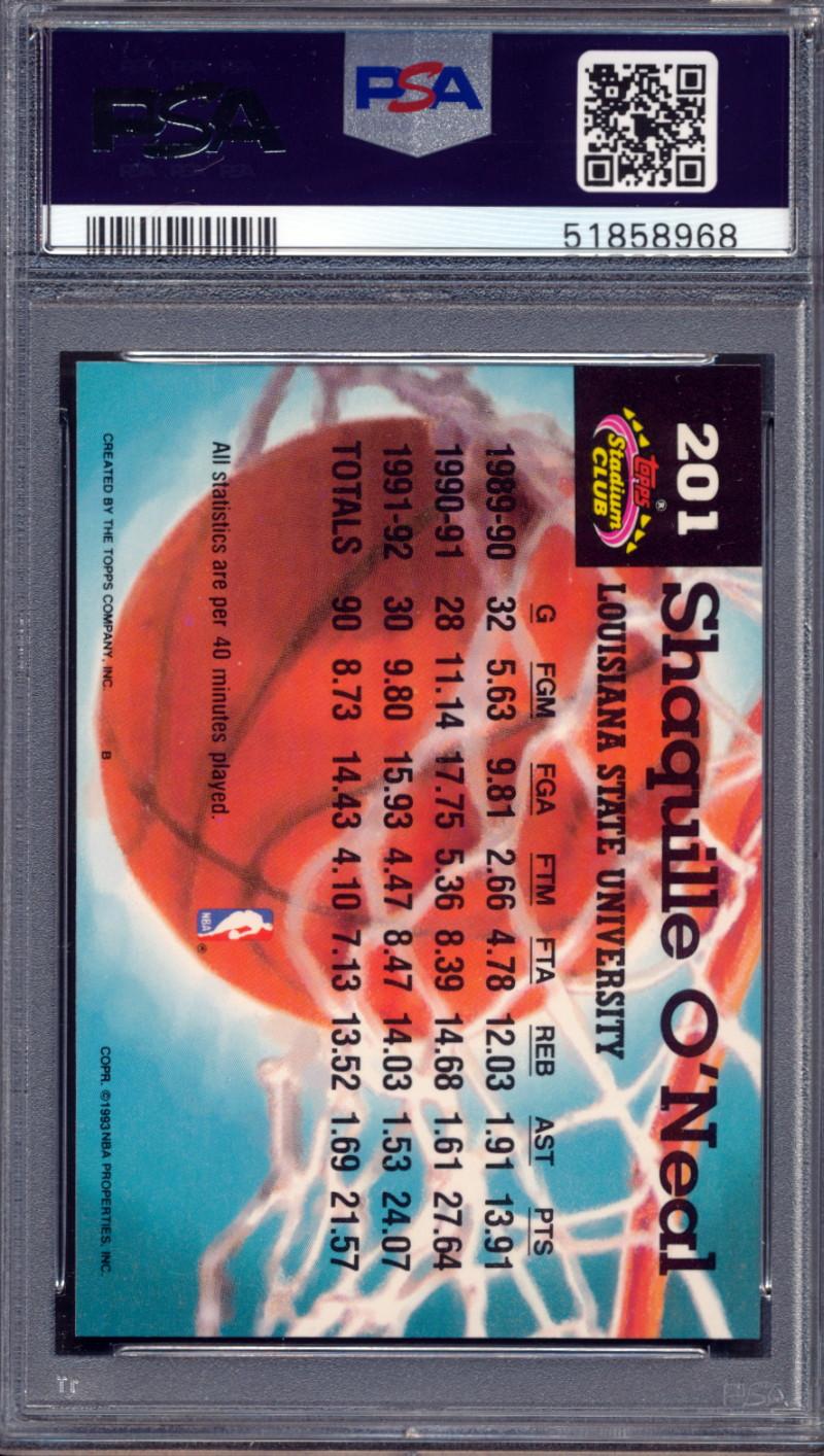 Shaquille O'Neal Signed 1992-93 Stadium Club #201 MC (PSA 9) at PristineAuction.com Shaquille O'Neal Signed 1992-93 Stadium Club #201 MC (PSA 9) at PristineAuction.com