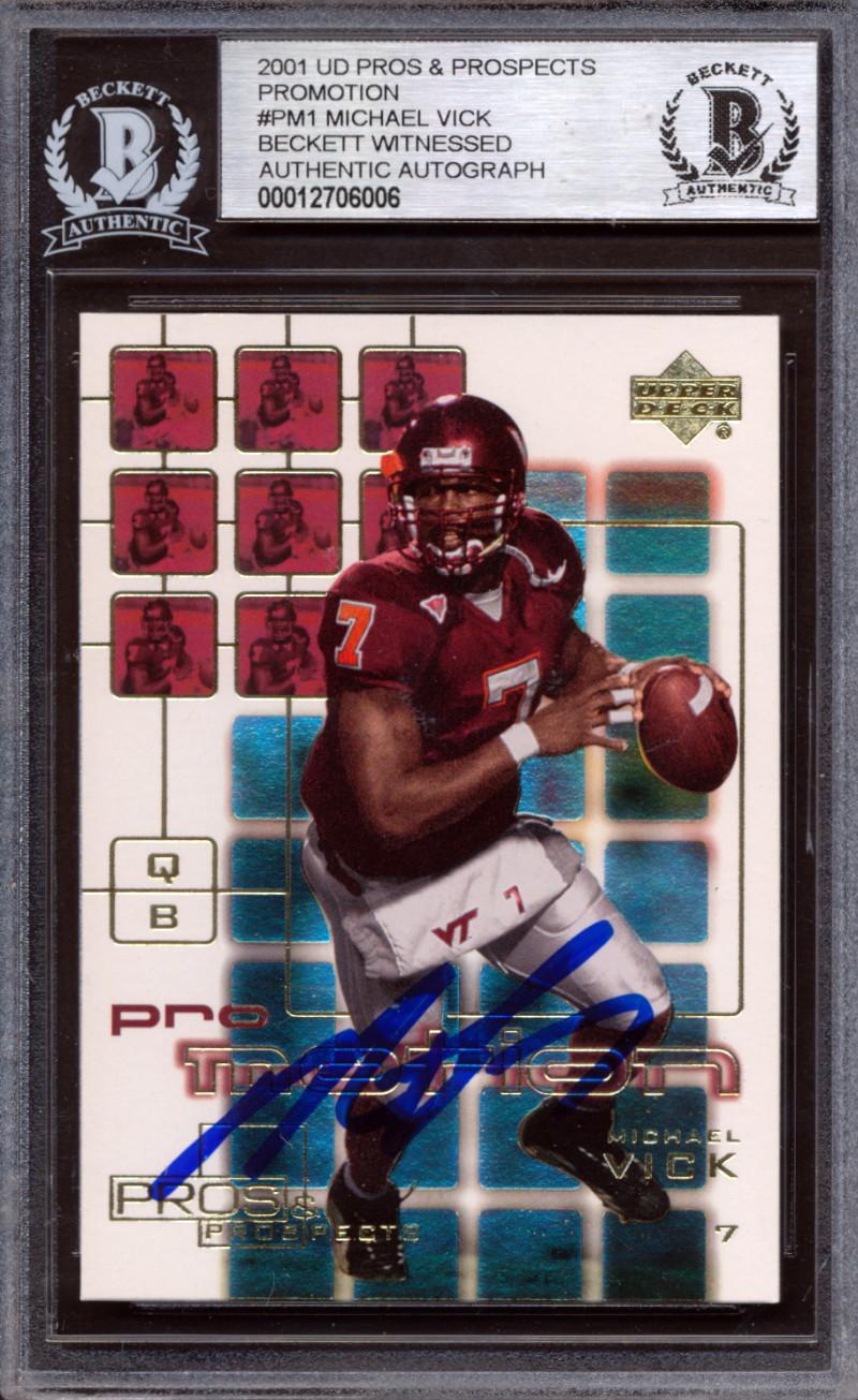 Michael Vick Signed 2001 Upper Deck Pros and Prospects ProMotion #PM1 (BGS) at PristineAuction.com Michael Vick Signed 2001 Upper Deck Pros and Prospects ProMotion #PM1 (BGS) at PristineAuction.com
