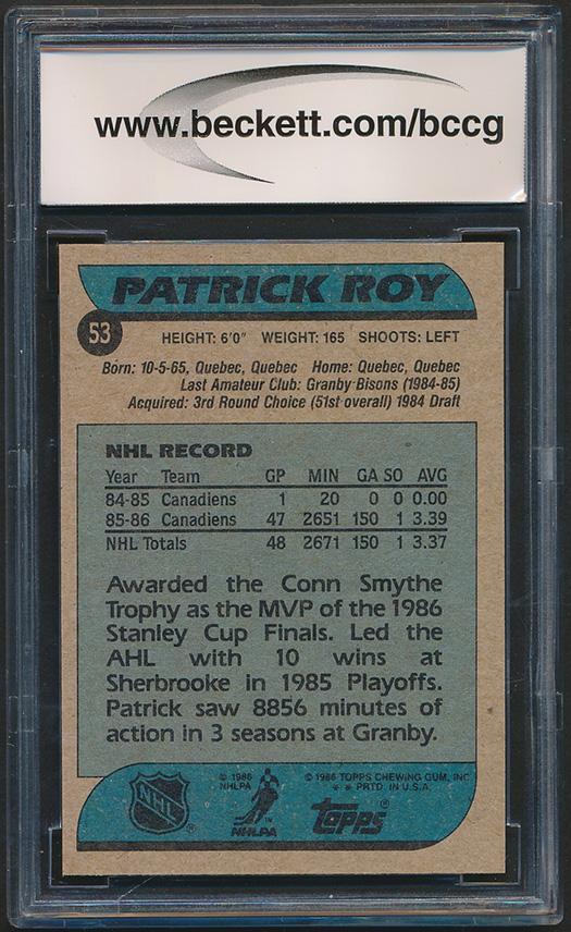 Patrick Roy 1986-87 Topps #53 RC (BCCG 9) at PristineAuction.com Patrick Roy 1986-87 Topps #53 RC (BCCG 9) at PristineAuction.com