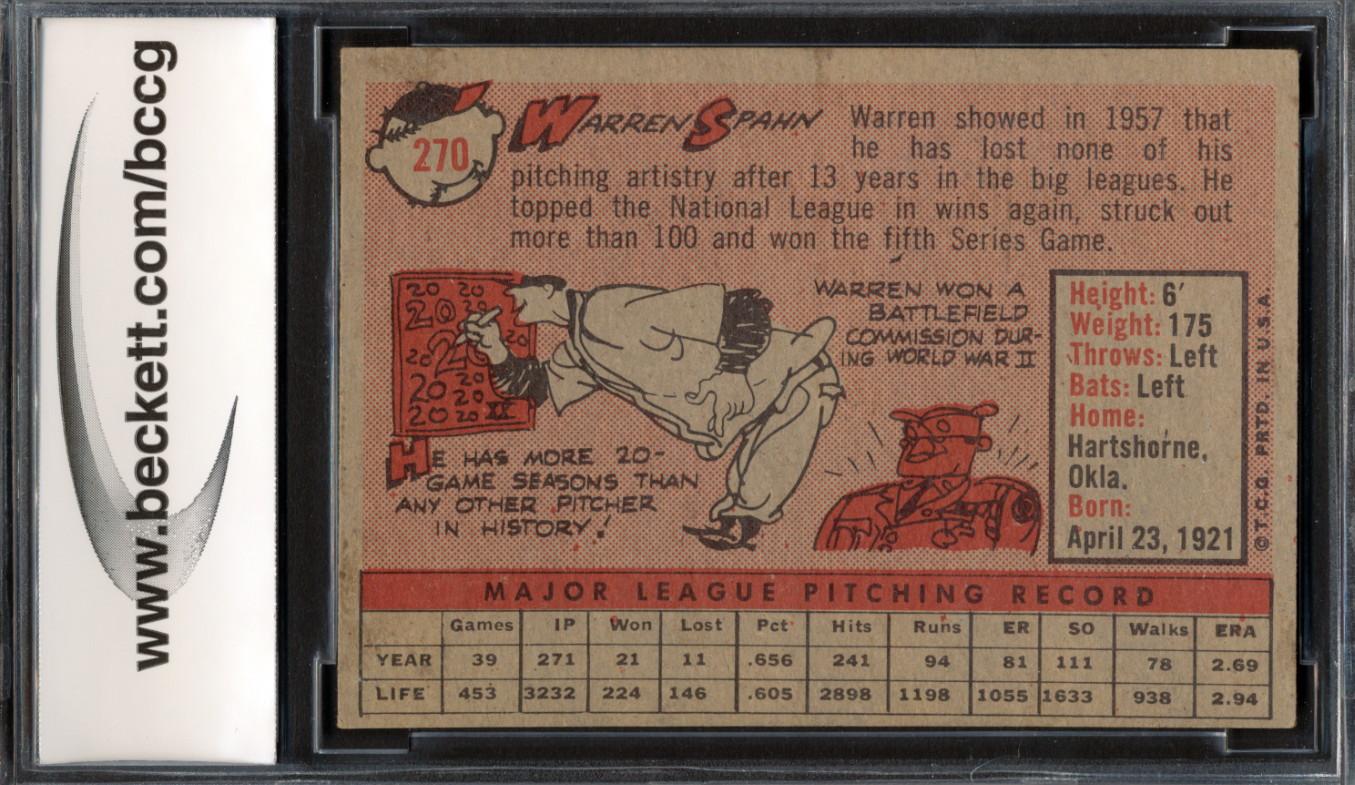 Warren Spahn 1958 Topps #270 (BCCG 8) at PristineAuction.com Warren Spahn 1958 Topps #270 (BCCG 8) at PristineAuction.com