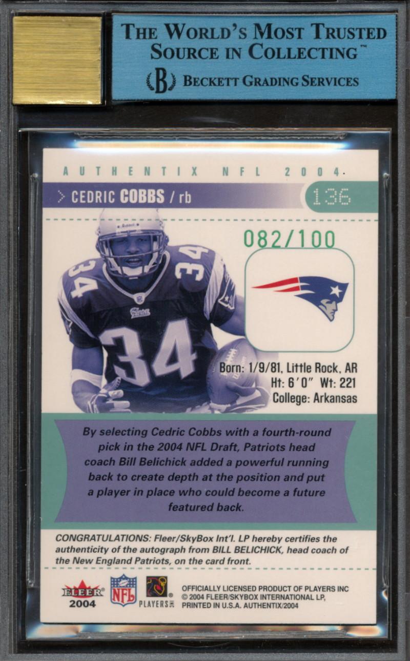 Bill Belichick 2004 Fleer Authentix General Admission Green Cedric Cobbs AU #136 #82/100 (BAS | Autograph Graded 10) at PristineAuction.com Bill Belichick 2004 Fleer Authentix General Admission Green Cedric Cobbs AU #136 #82/100 (BAS | Autograph Graded 10) at PristineAuction.com