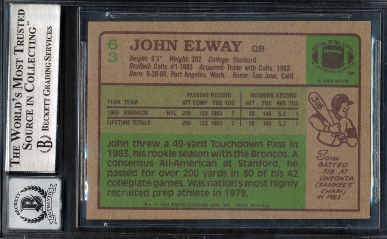 John Elway Signed 1984 Topps #63 RC (BGS | Autograph Graded 10) at PristineAuction.com John Elway Signed 1984 Topps #63 RC (BGS | Autograph Graded 10) at PristineAuction.com