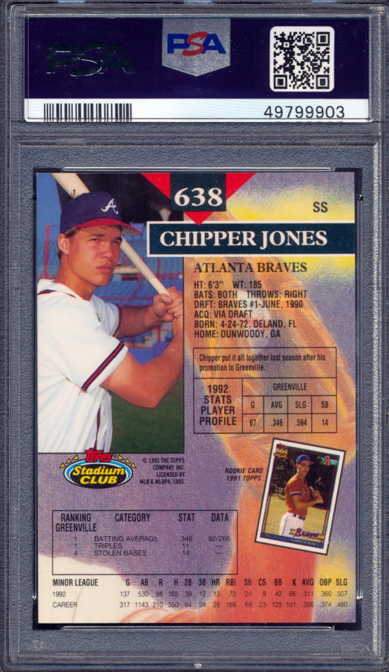Chipper Jones Signed 1993 Stadium Club #638 RC (PSA 8 | Autograph Graded 10) at PristineAuction.com Chipper Jones Signed 1993 Stadium Club #638 RC (PSA 8 | Autograph Graded 10) at PristineAuction.com