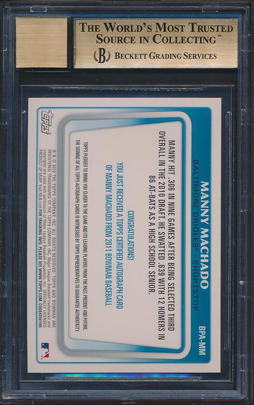 Manny Machado 2011 Bowman Prospect Autographs #MM RC (BGS 9.5 | Autograph Graded 9) at PristineAuction.com Manny Machado 2011 Bowman Prospect Autographs #MM RC (BGS 9.5 | Autograph Graded 9) at PristineAuction.com