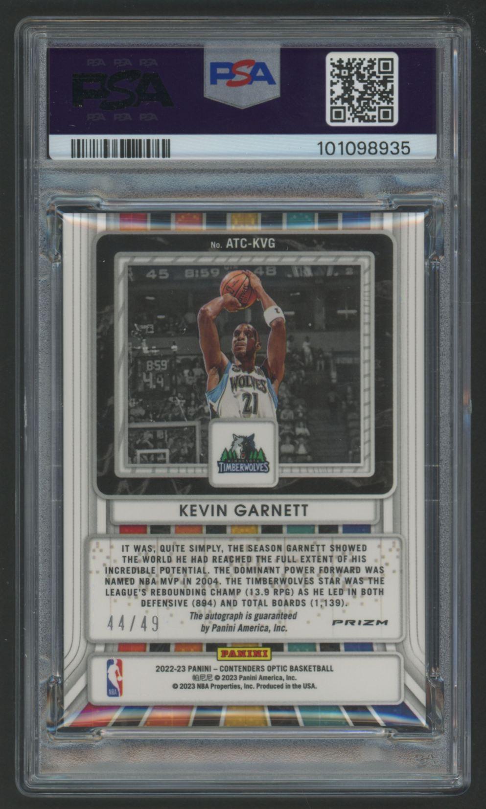 Kevin Garnett 2022 Contenders Optic All-Time Contenders Autograph Blue #ATCKVG #44/49 (PSA 9) at PristineAuction.com Kevin Garnett 2022 Contenders Optic All-Time Contenders Autograph Blue #ATCKVG #44/49 (PSA 9) at PristineAuction.com