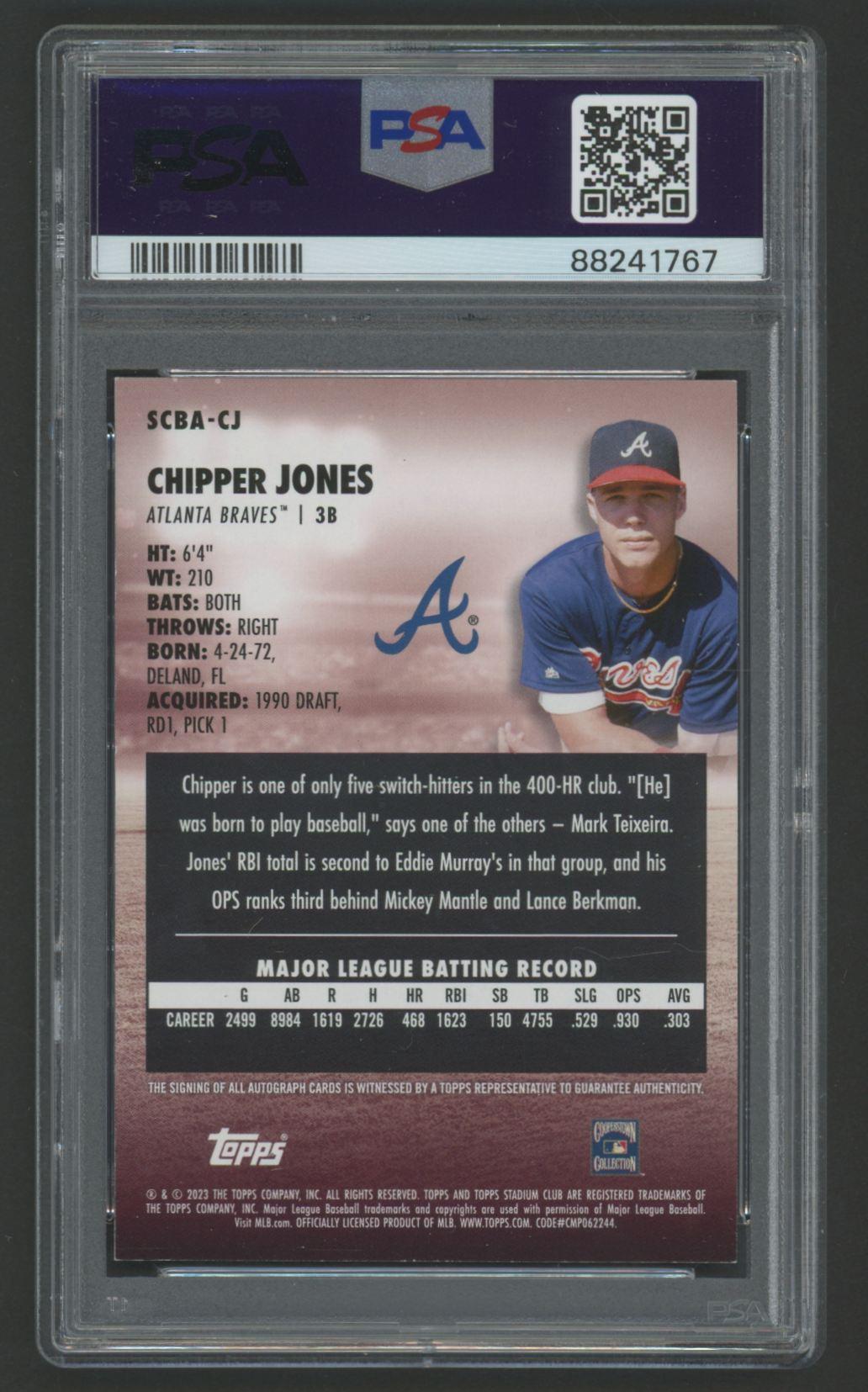 Chipper Jones 2023 Stadium Club Base Autographs #SCBACJ (PSA 9) at PristineAuction.com Chipper Jones 2023 Stadium Club Base Autographs #SCBACJ (PSA 9) at PristineAuction.com