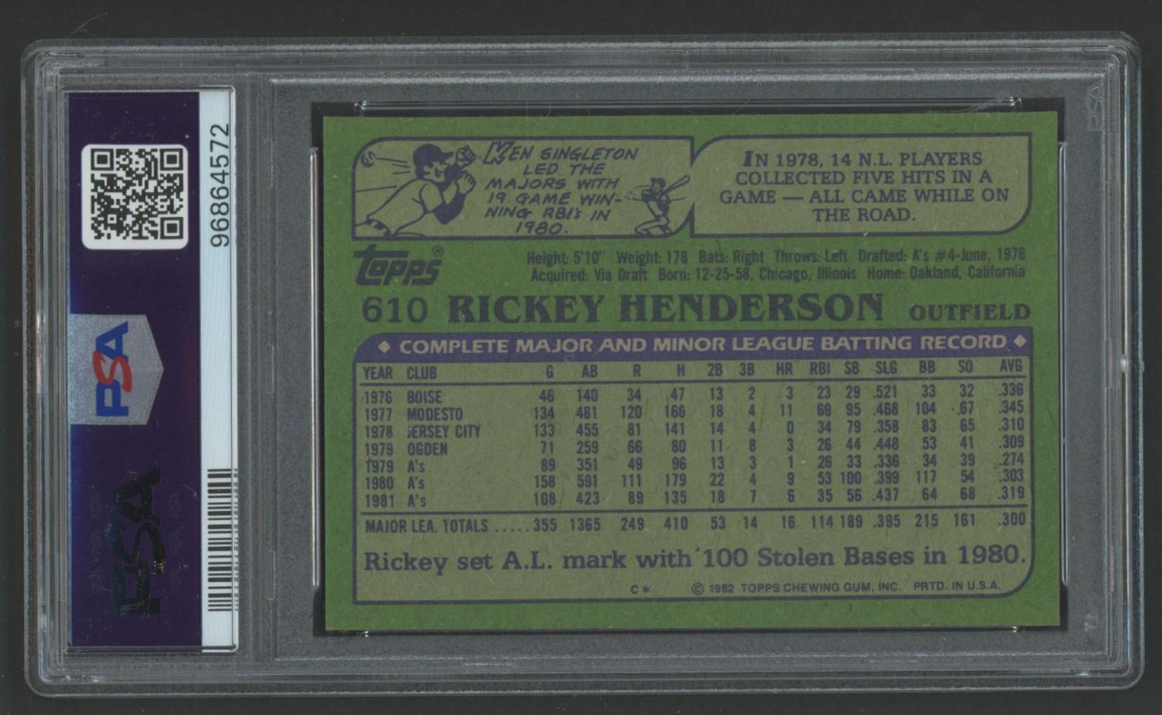 Rickey Henderson 1982 Topps #610 (PSA 8) at PristineAuction.com Rickey Henderson 1982 Topps #610 (PSA 8) at PristineAuction.com