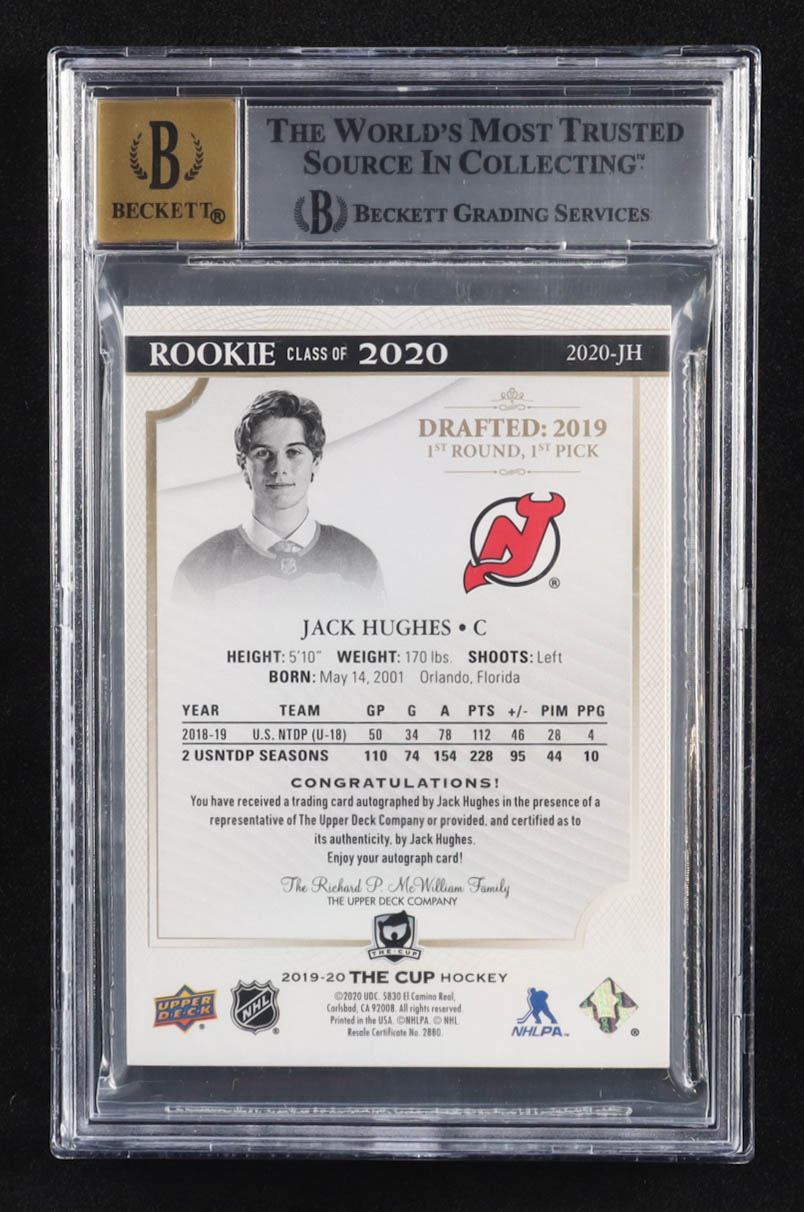 Jack Hughes 2019-20 The Cup Rookie Class of 2020 Autographs #2020JH #55/75 RC (BGS 8.5 | Auto 10) at PristineAuction.com Jack Hughes 2019-20 The Cup Rookie Class of 2020 Autographs #2020JH #55/75 RC (BGS 8.5 | Auto 10) at PristineAuction.com