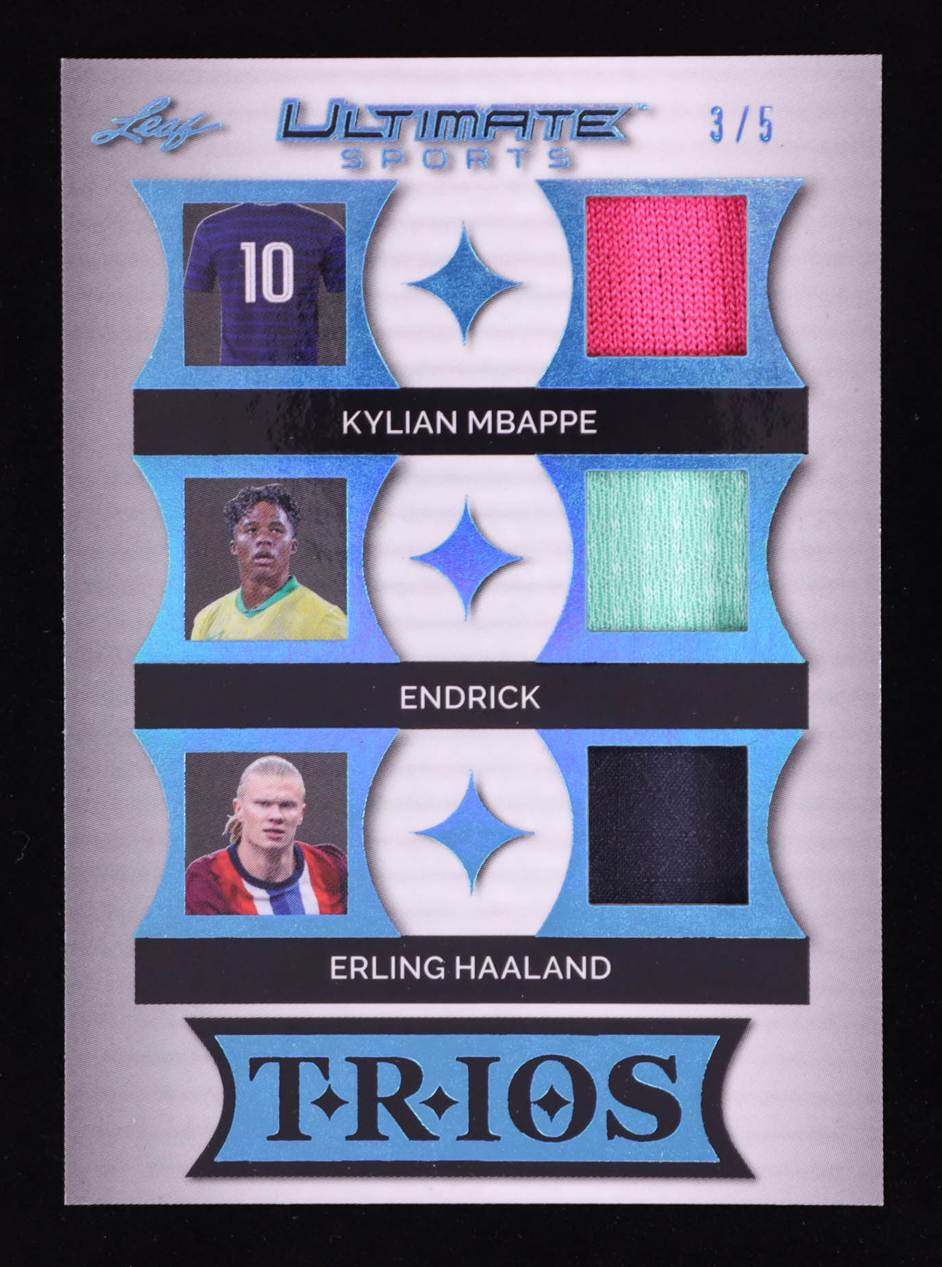 Kylian Mbappe / Endrick / Erling Haaland 2024 Leaf Ultimate Sports Sky Blue Prismatic JSY Trios #UT16 #3/5 at PristineAuction.com Kylian Mbappe / Endrick / Erling Haaland 2024 Leaf Ultimate Sports Sky Blue Prismatic JSY Trios #UT16 #3/5 at PristineAuction.com